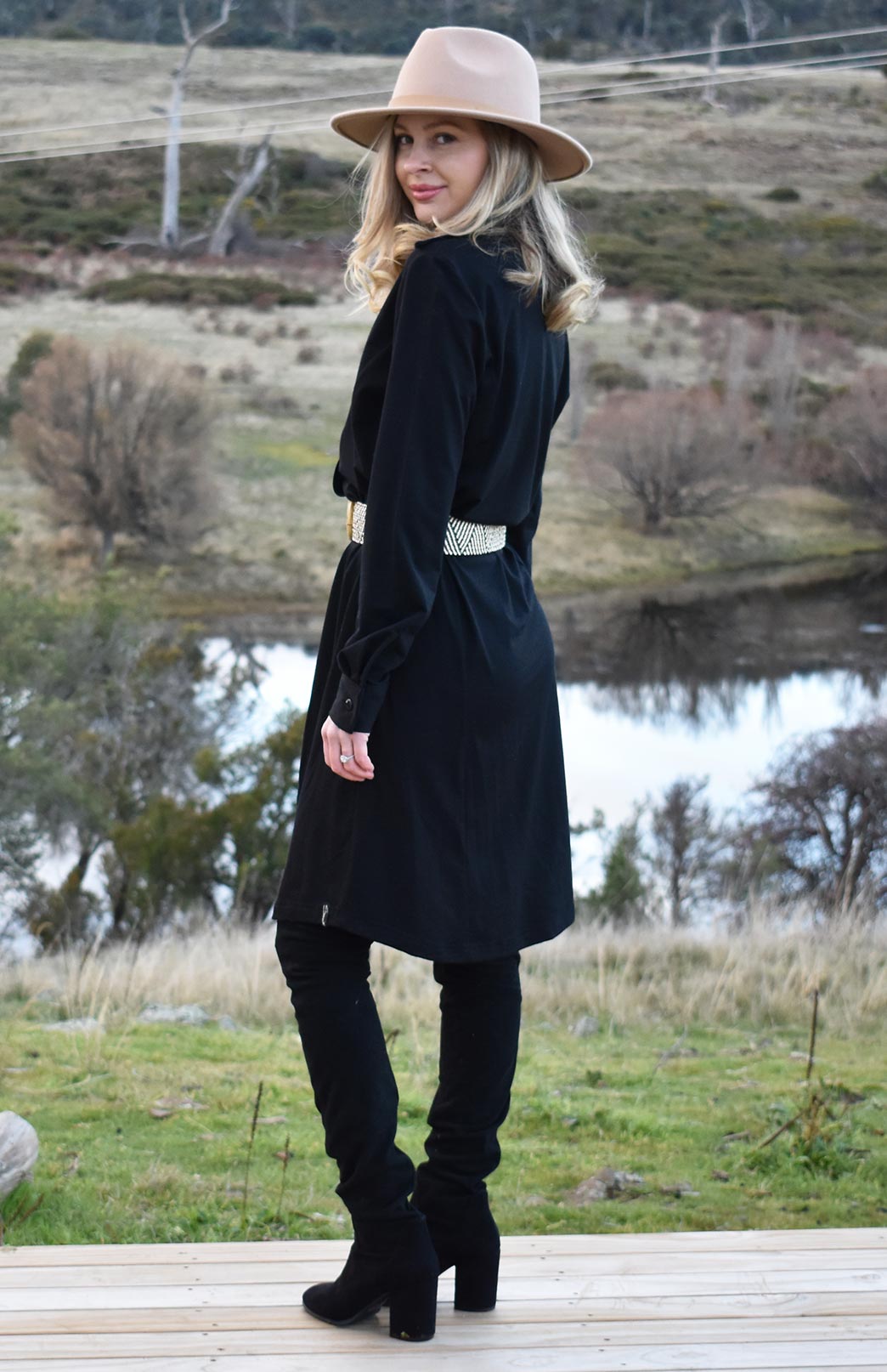 Black Women's Merino Wool Long Sleeve Shirt Dress with Collar and Waist Tie
