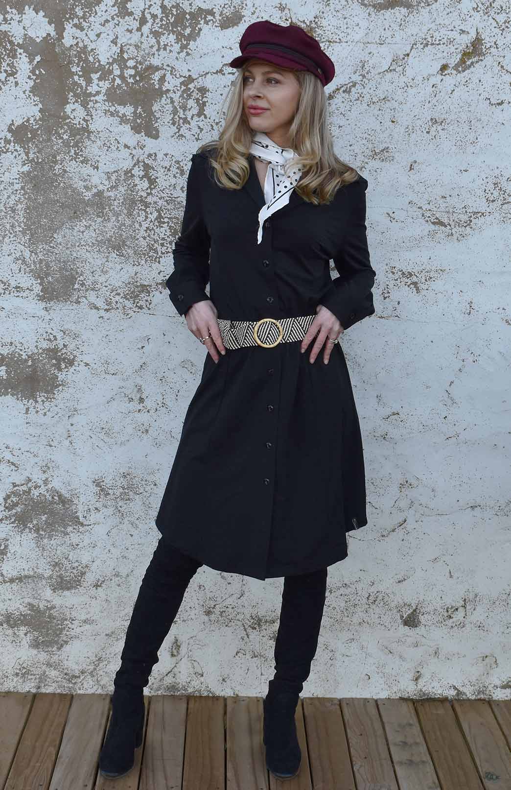 Black Women's Merino Wool Long Sleeve Shirt Dress with Collar and Waist Tie