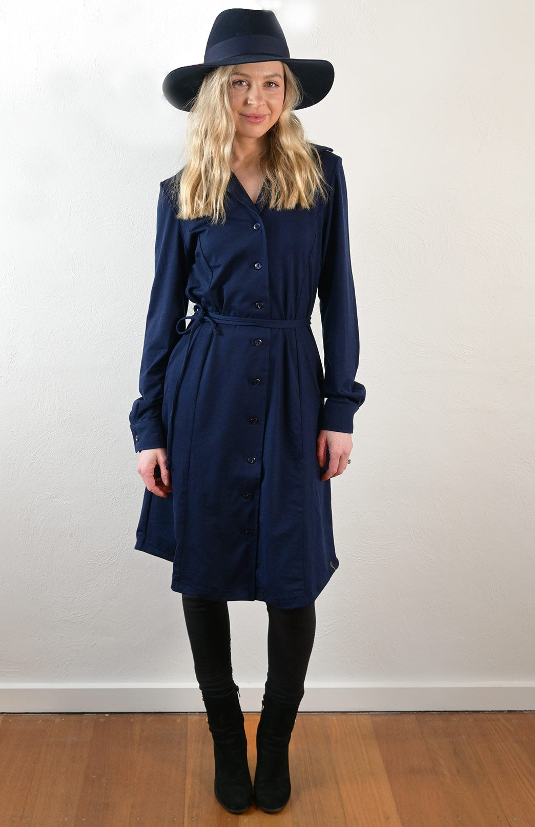 French Navy Blue Women's Merino Wool Long Sleeve Shirt Dress with Collar and Waist Tie