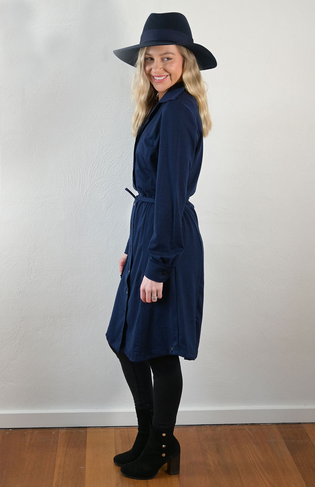 French Navy Blue Women's Merino Wool Long Sleeve Shirt Dress with Collar and Waist Tie