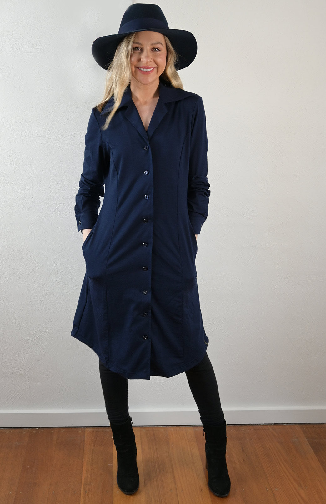 French Navy Blue Women's Merino Wool Long Sleeve Shirt Dress with Collar and Waist Tie