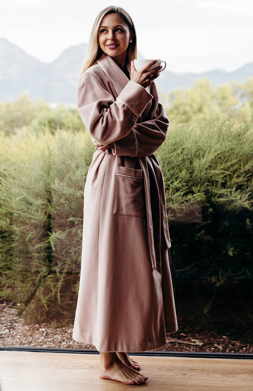 Blush Pink with White Piping Wool and Cashmere Blend Nightgown 