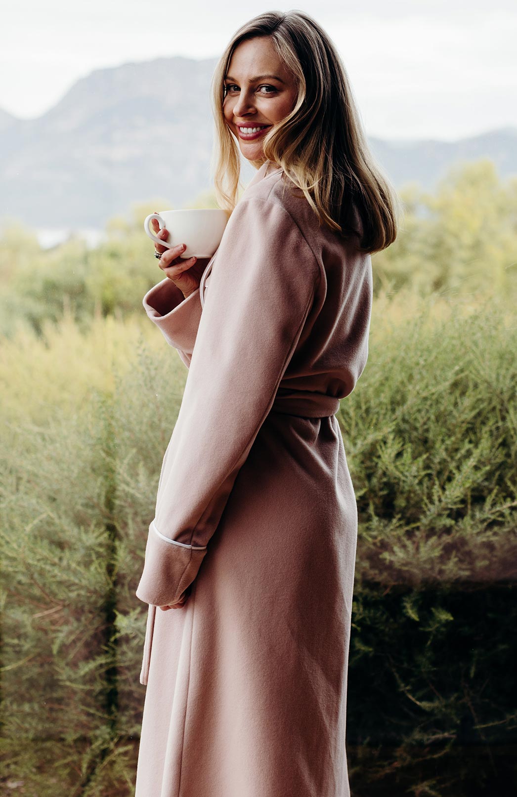 Blush Pink with White Piping Wool &amp; Cashmere Blend Dressing Gown