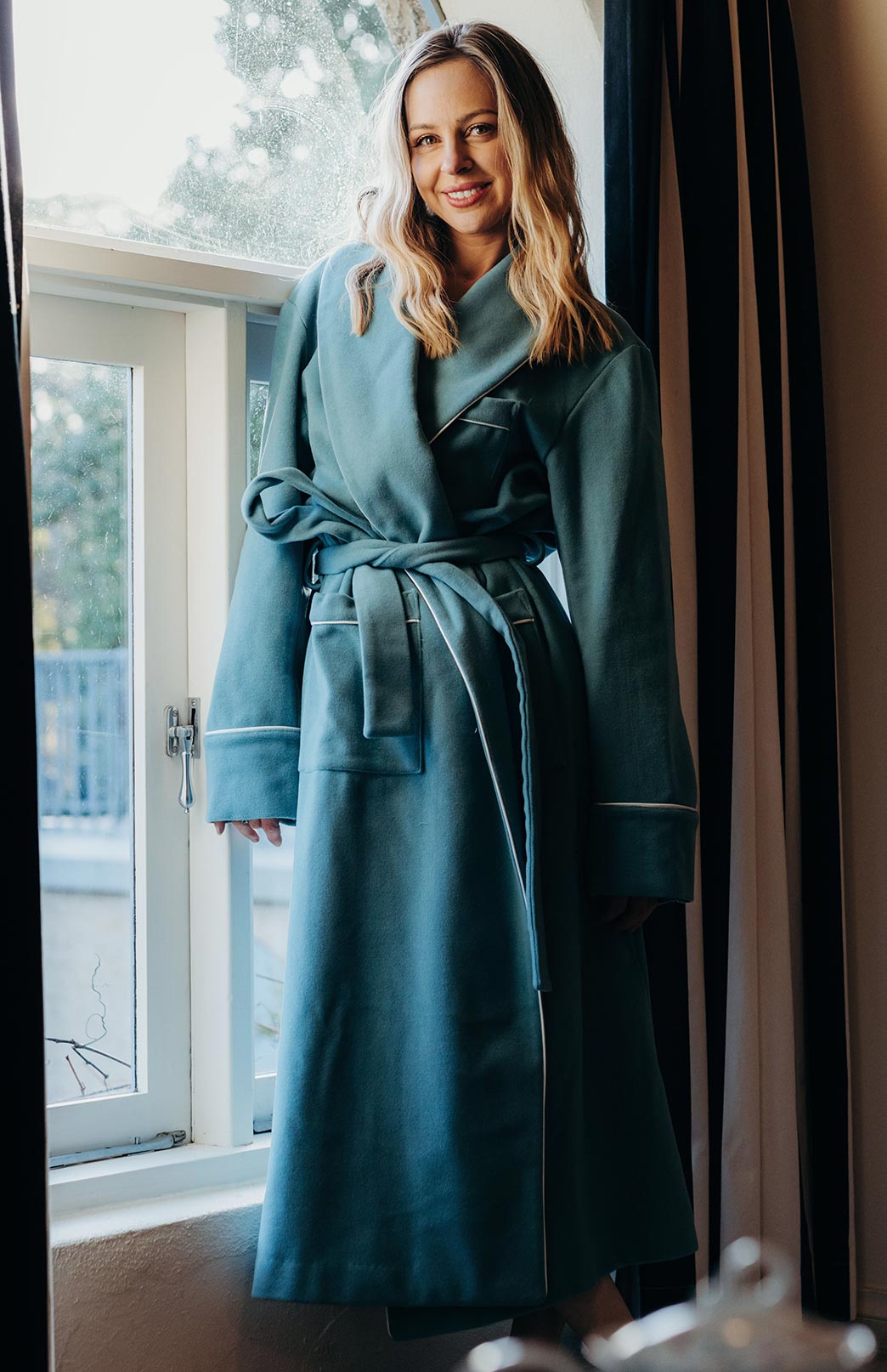 Duck Egg Blue with White Piping Wool &amp; Cashmere Blend Dressing Gown