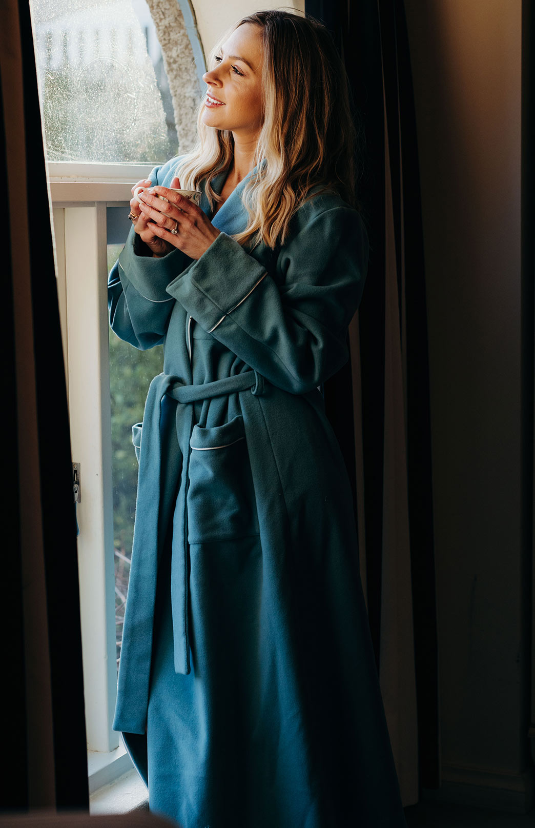 Duck Egg Blue with White Piping Wool &amp; Cashmere Blend Dressing Gown