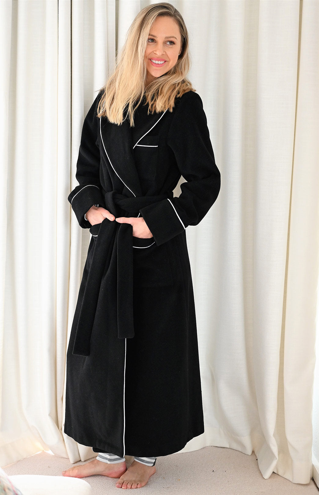 Black with White Piping Wool &amp; Cashmere Blend Dressing Gown