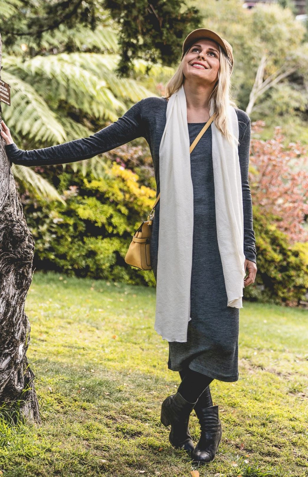 Charcoal Marl Women's Merino Wool Midi Length Dress with Long Sleeves