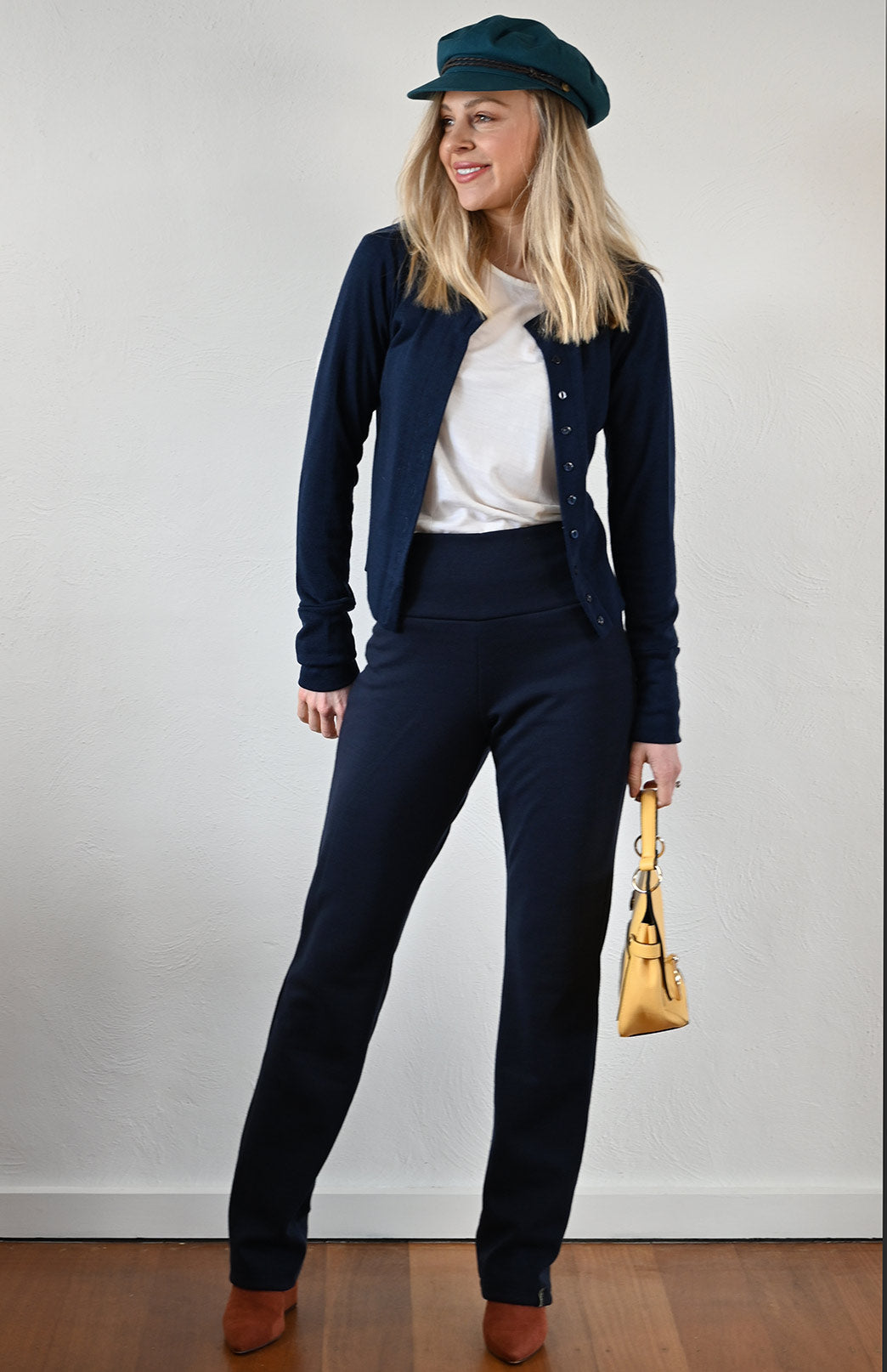 French Navy Blue Women's Merino Wool Long Sleeve Round Neck Waist Cardigan