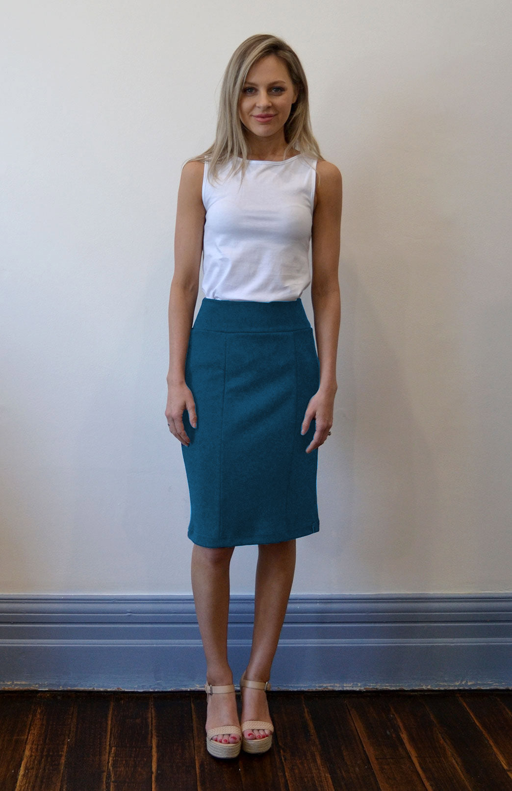 Storm Teal Women's Merino Wool Straight Skirt