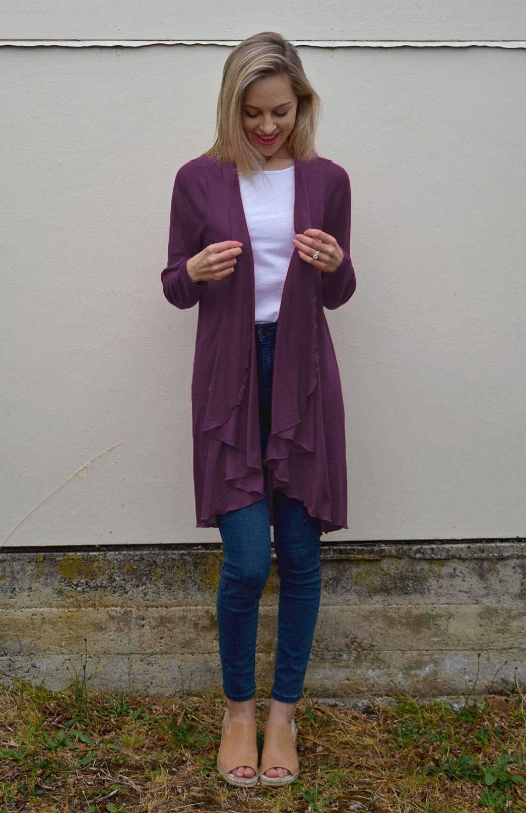 Aubergine Purple Women's Merino Wool Long Sleeve Wrap Around Cardigan