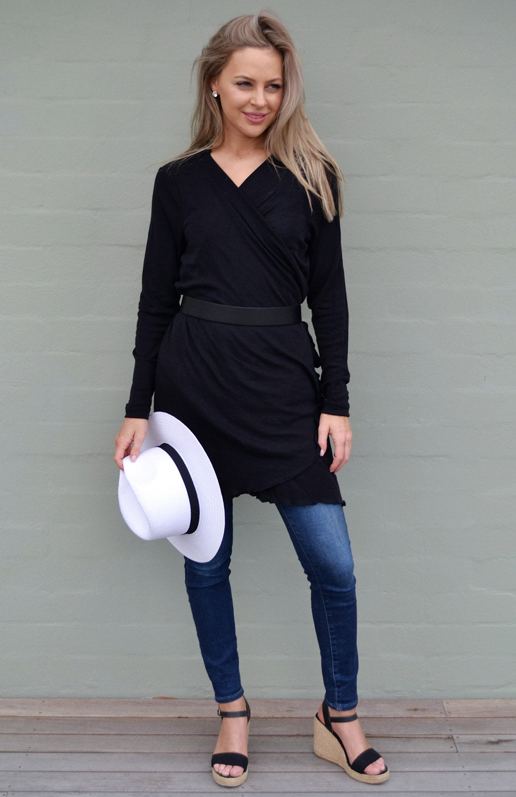 Black Women's Merino Wool Long Sleeve Wrap Around Cardigan