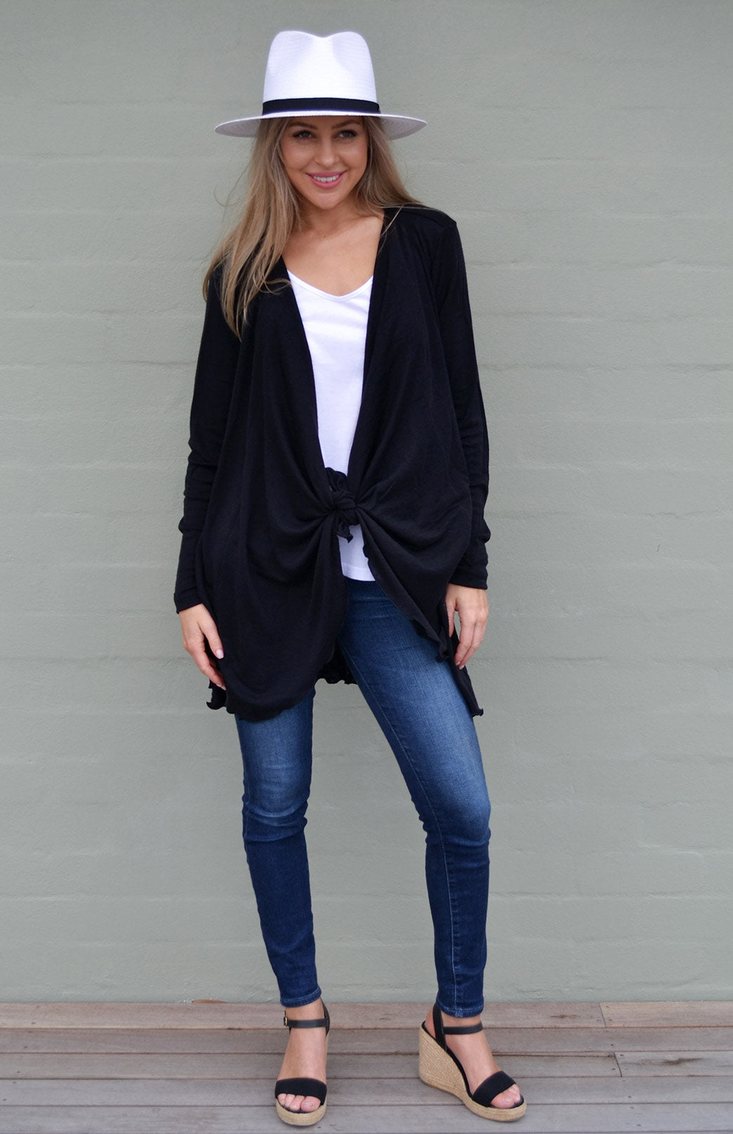Black Women's Merino Wool Long Sleeve Wrap Around Cardigan
