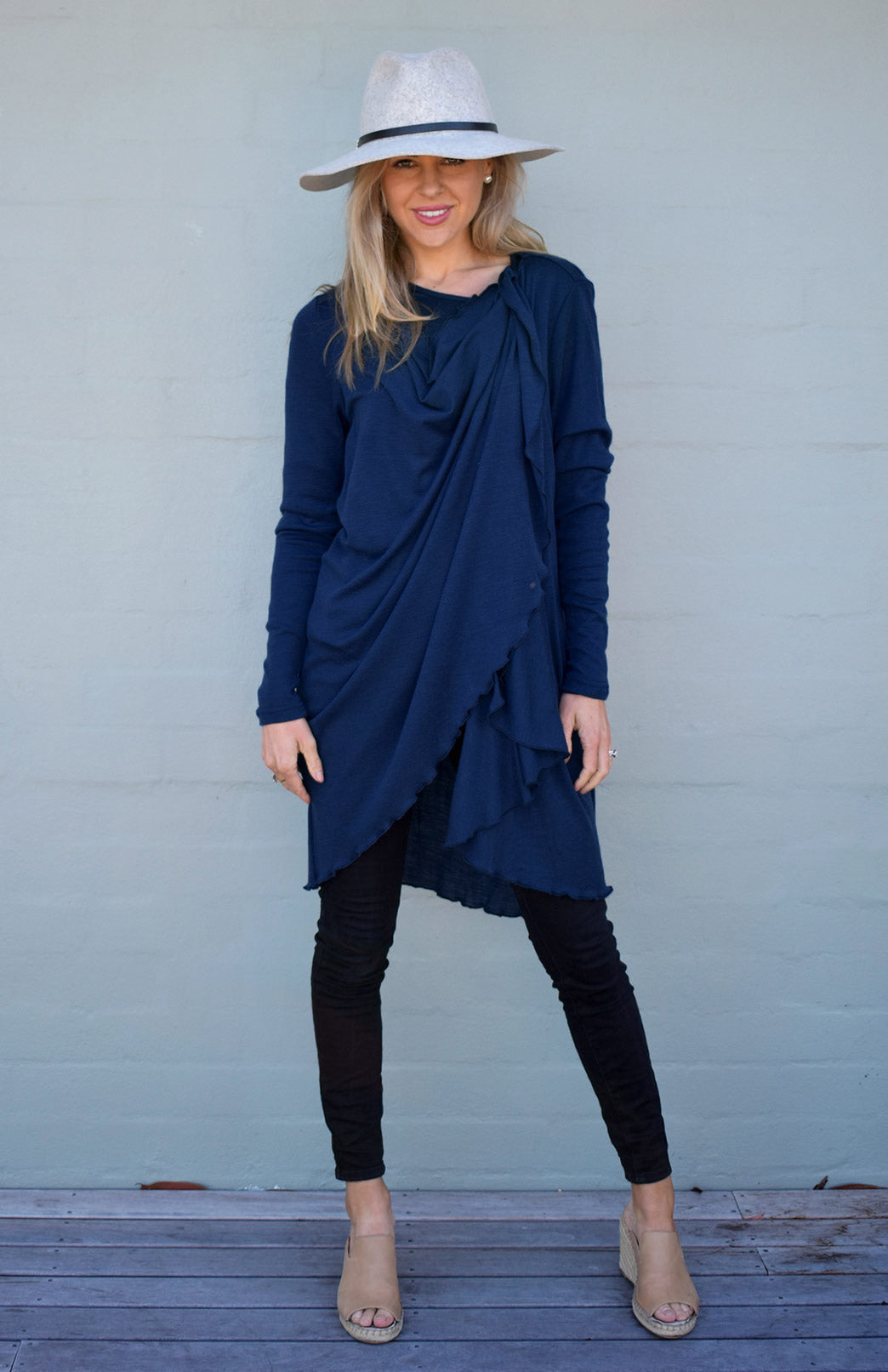 French Navy Blue Women's Merino Wool Long Sleeve Wrap Around Cardigan