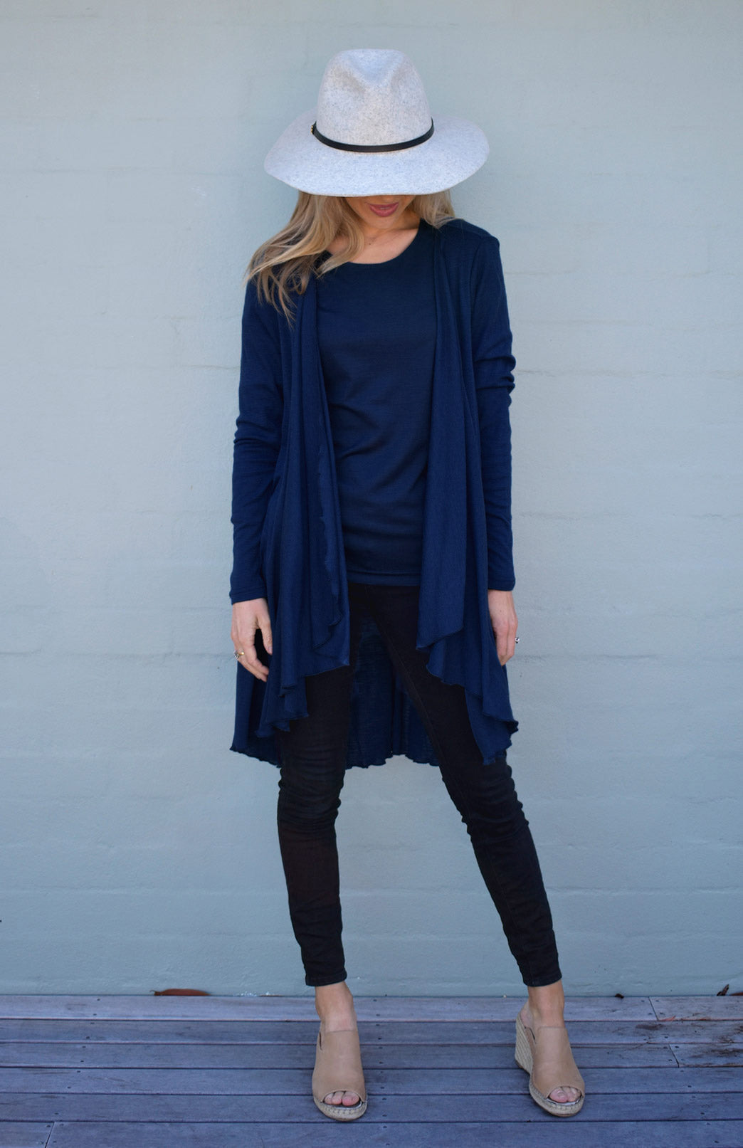 French Navy Blue Women's Merino Wool Long Sleeve Wrap Around Cardigan