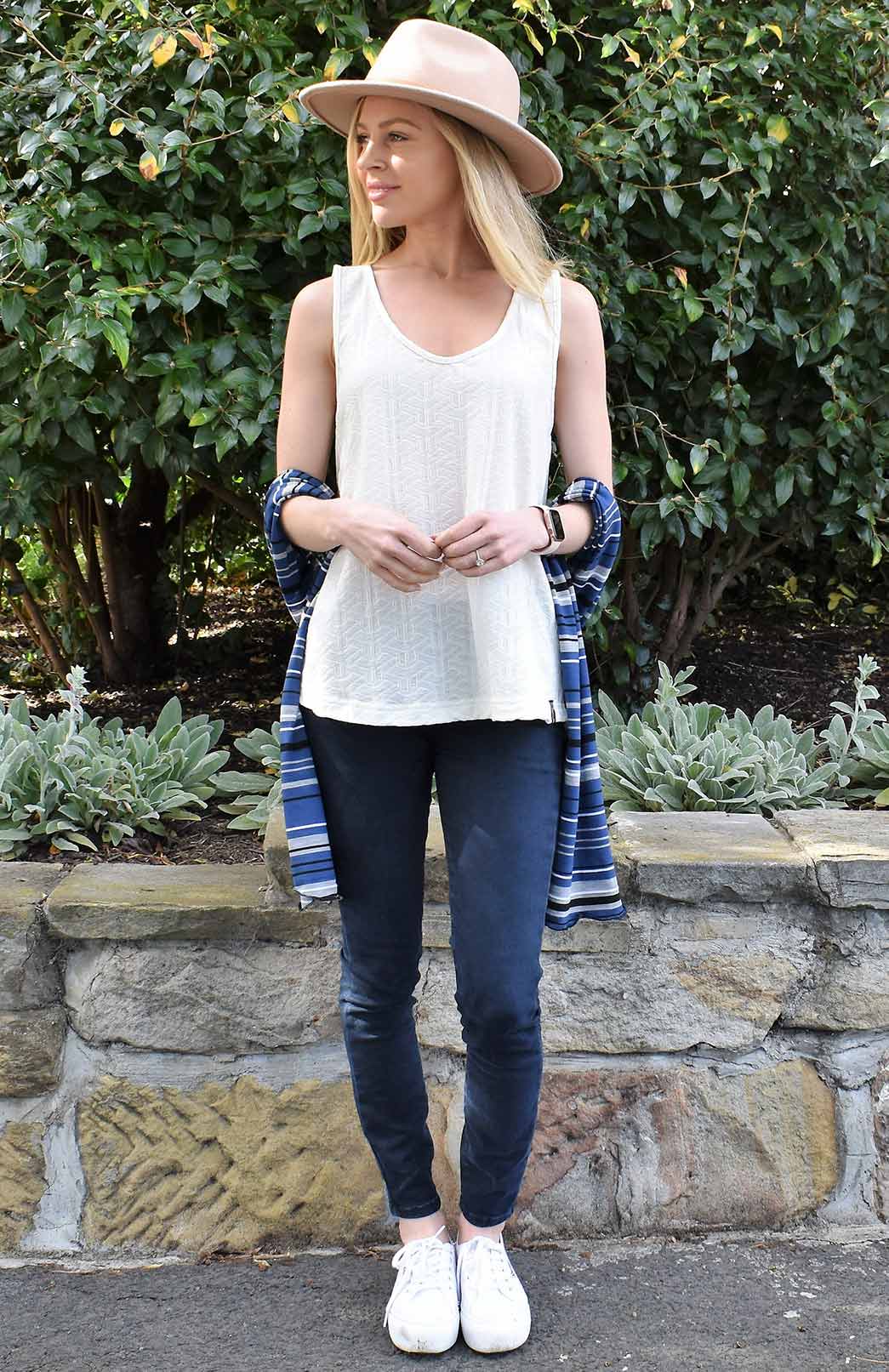 Ivory Zig Zag Women's Merino Wool Blend Summer Singlet Tank Top
