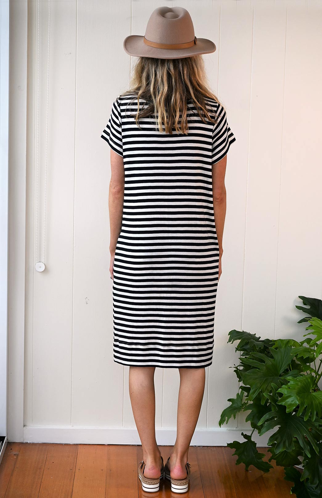 Navy Blue and Ivory Stripe Women's Merino Wool Shift Dress with Short Sleeves