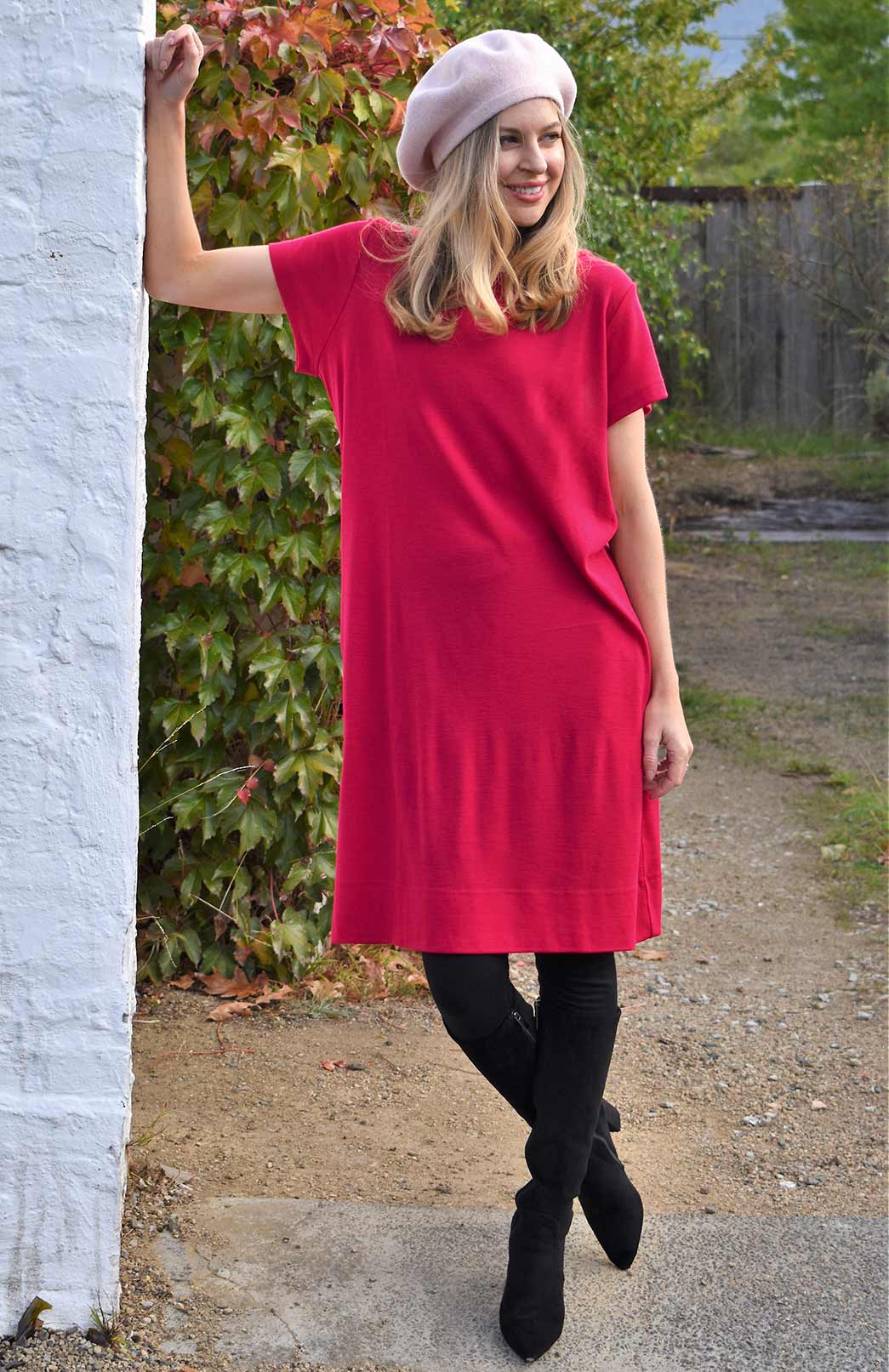 Scarlet Red Women's Merino Wool Shift Dress with Short Sleeves