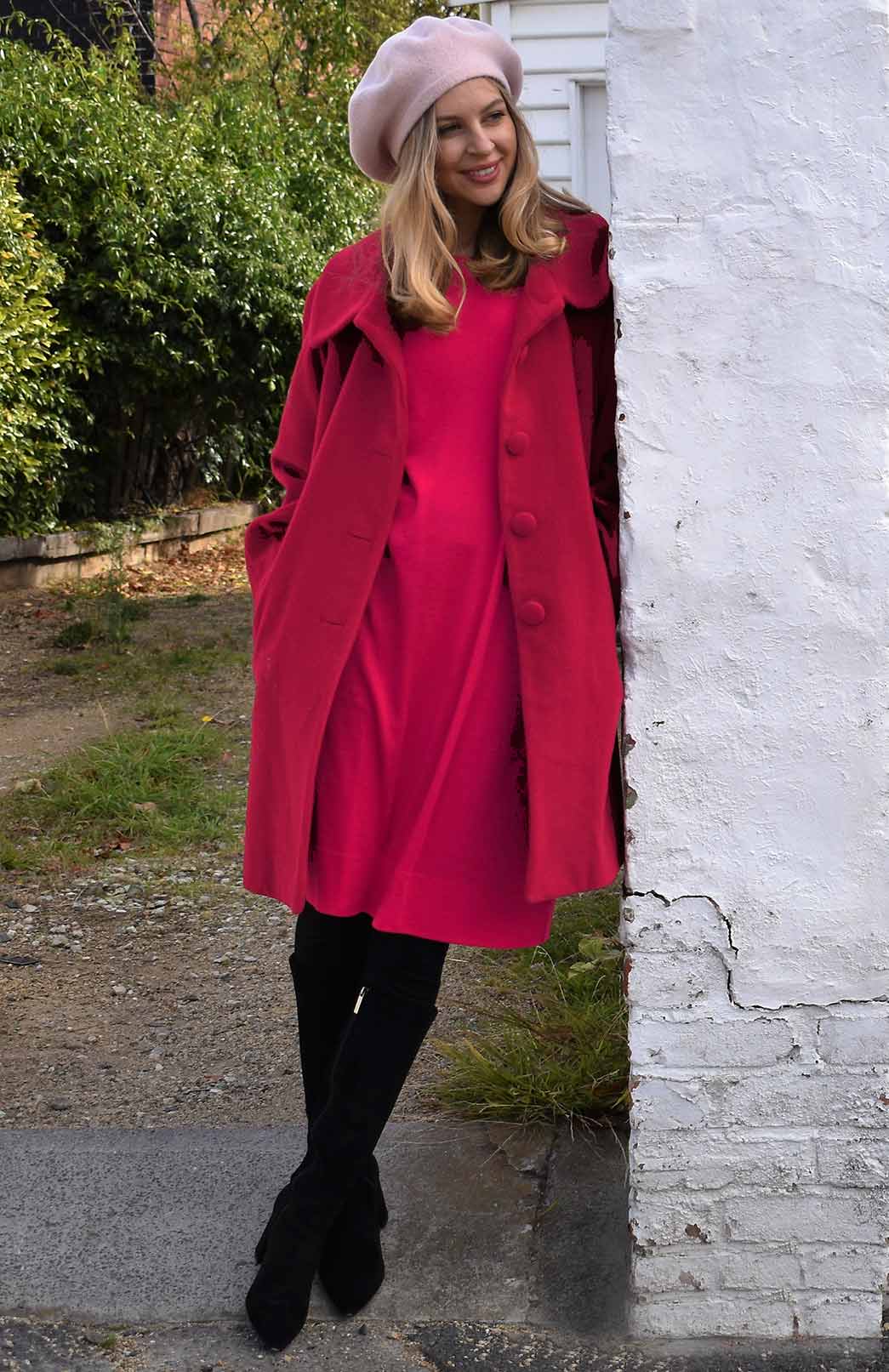 Red Women's Merino Wool and Cashmere Swing Coat with Buttons