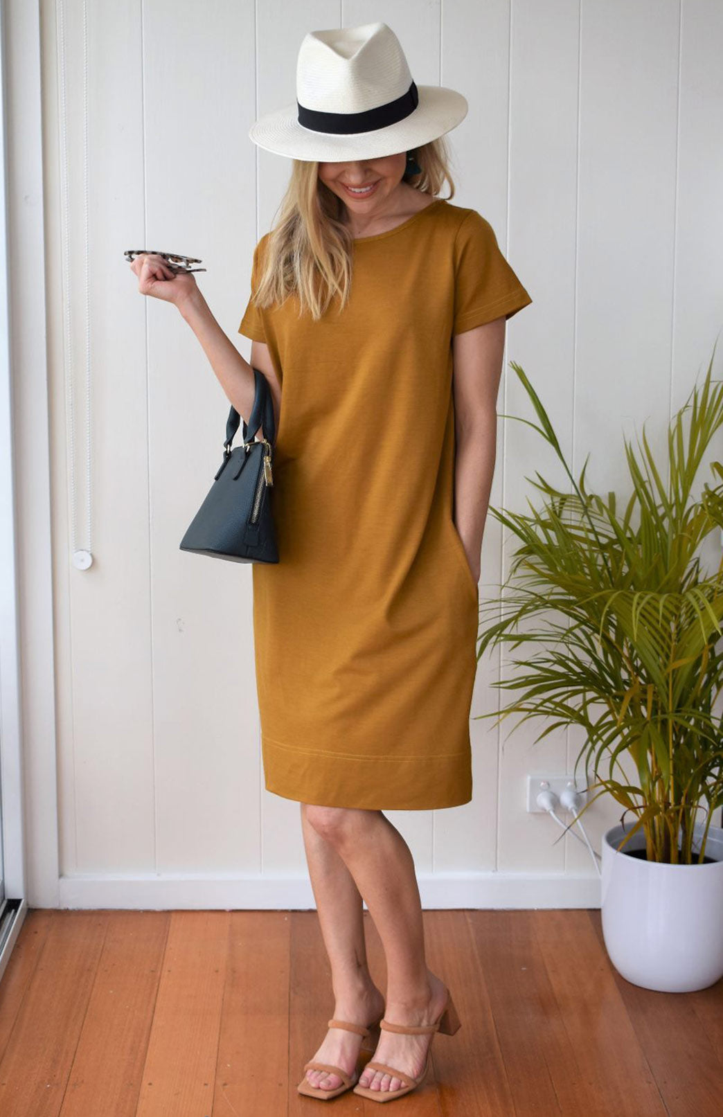Mustard Yellow Women's Merino Wool Shift Dress with Short Sleeves