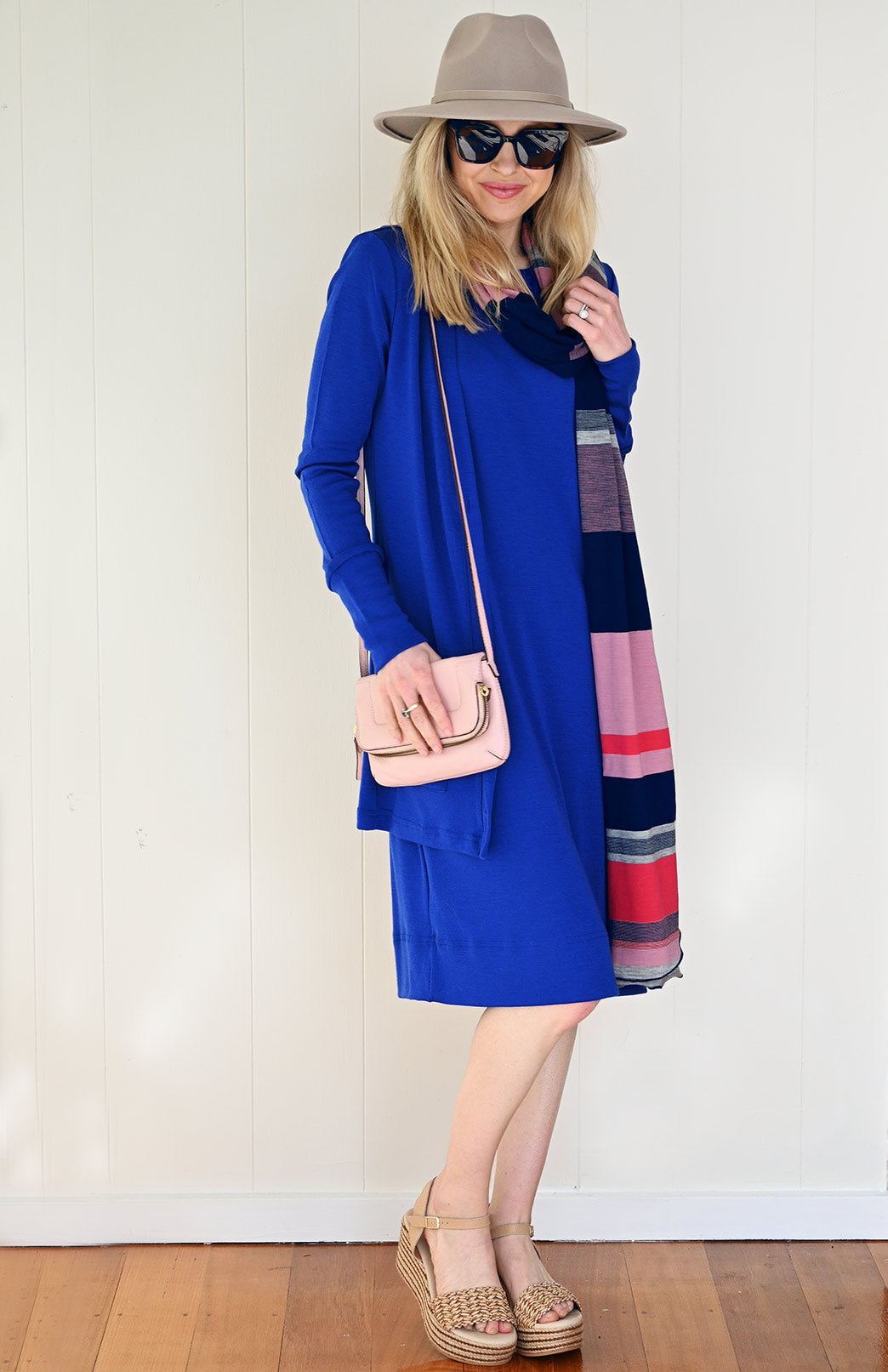Sapphire Blue Women's Merino Wool Long Boyfriend Cardigan with Buttons
