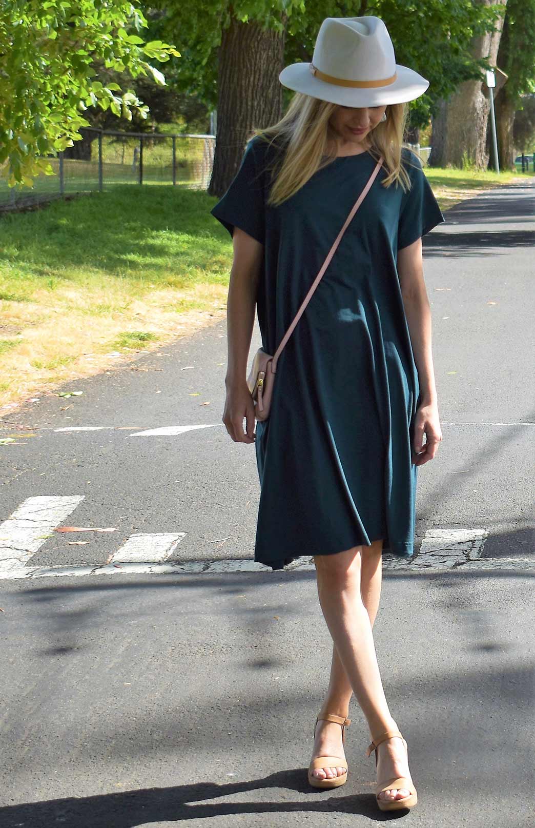 Deep Sea Green Women's Merino Wool Loose Fit Dress with Short Sleeves and Side Pockets