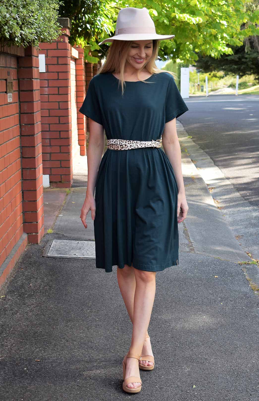 Deep Sea Green Women's Merino Wool Loose Fit Dress with Short Sleeves and Side Pockets