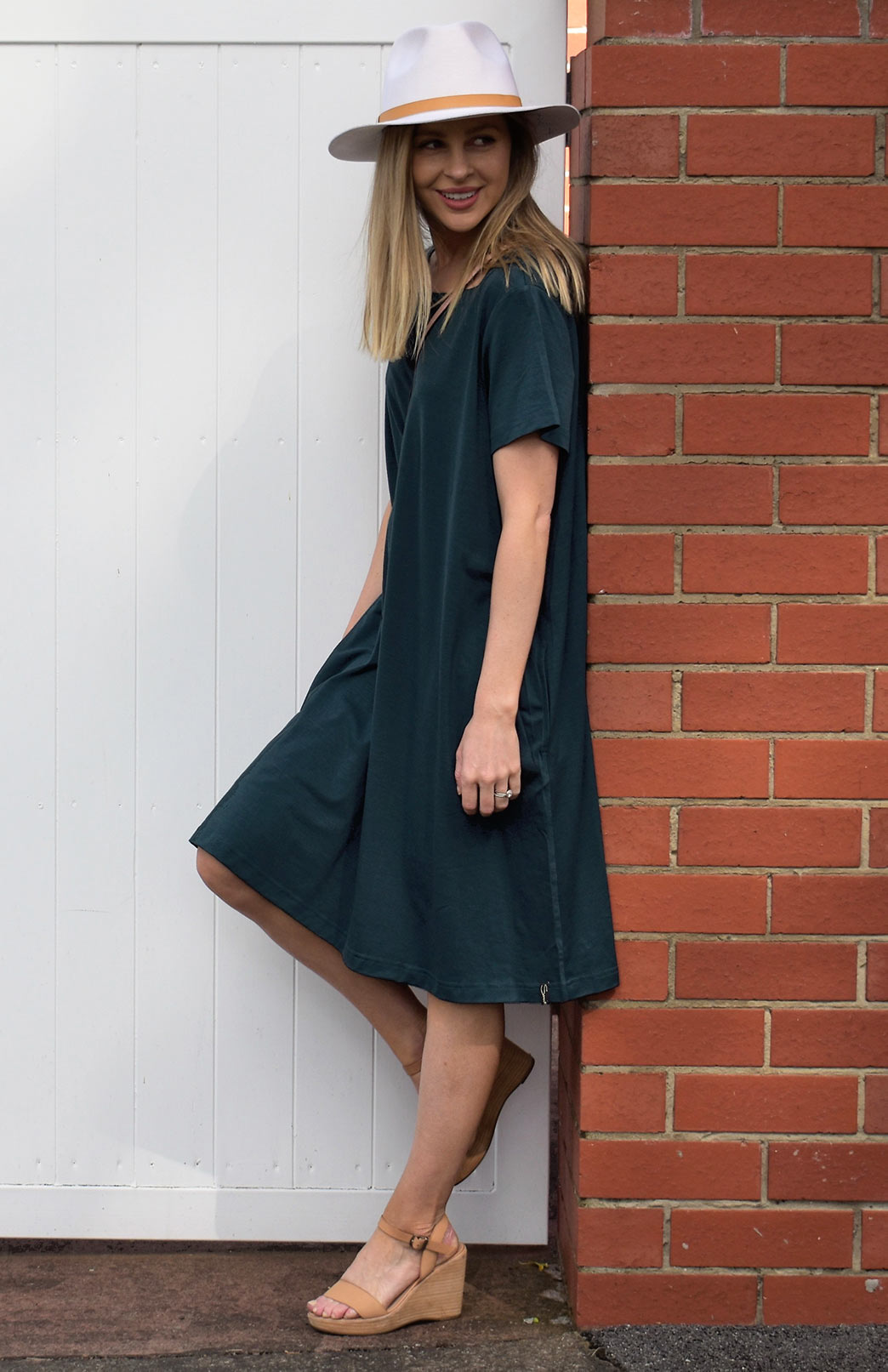 Women s Navy and White Narrow Stripe Merino Wool Loose Fit Tent Box Dress with Short Sleeves and Side Pockets Smitten Merino