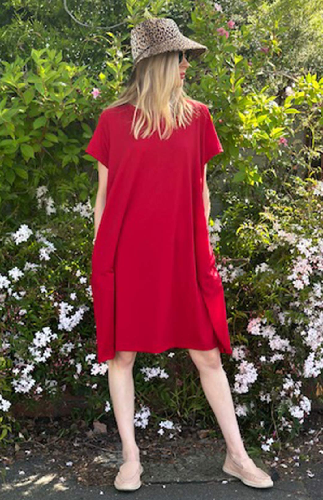 Chilli Red Women's Merino Wool Loose Fit Dress with Short Sleeves and Side Pockets