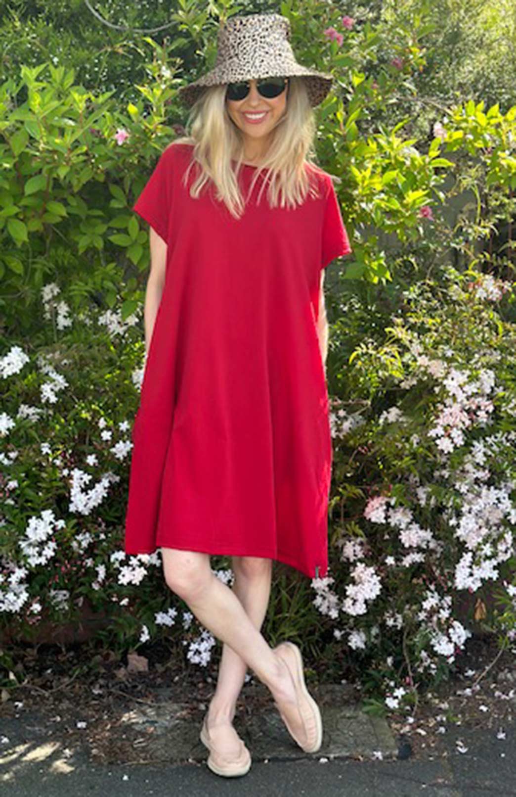 Women's Navy and White Narrow Stripe Merino Wool Loose Fit Tent Box Dress with Short Sleeves and Side Pockets Chilli Red / 16 (18-22) Women's Navy and White Narrow Stripe Merino Wool Loose Fit Tent Box Dress with Short Sleeves and Side Pockets Chilli Red / 16 (18-22)
