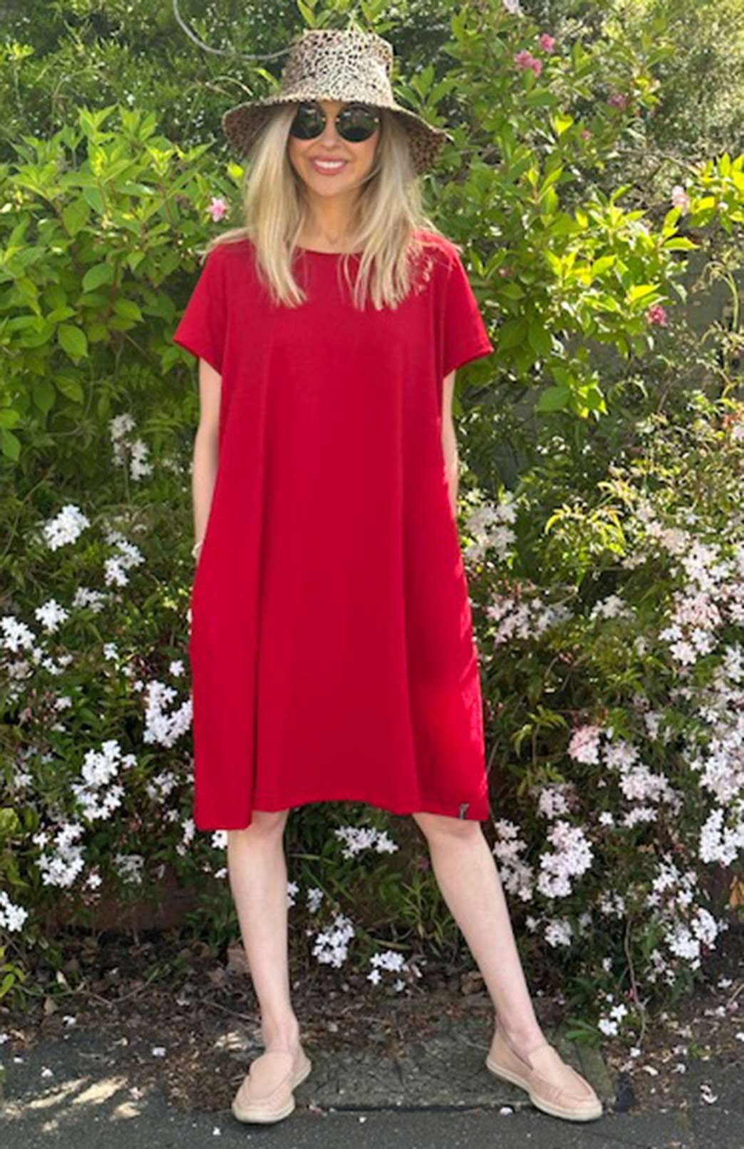 Women's Navy and White Narrow Stripe Merino Wool Loose Fit Tent Box Dress with Short Sleeves and Side Pockets Chilli Red / 16 (18-22) Women's Navy and White Narrow Stripe Merino Wool Loose Fit Tent Box Dress with Short Sleeves and Side Pockets Chilli Red / 16 (18-22)