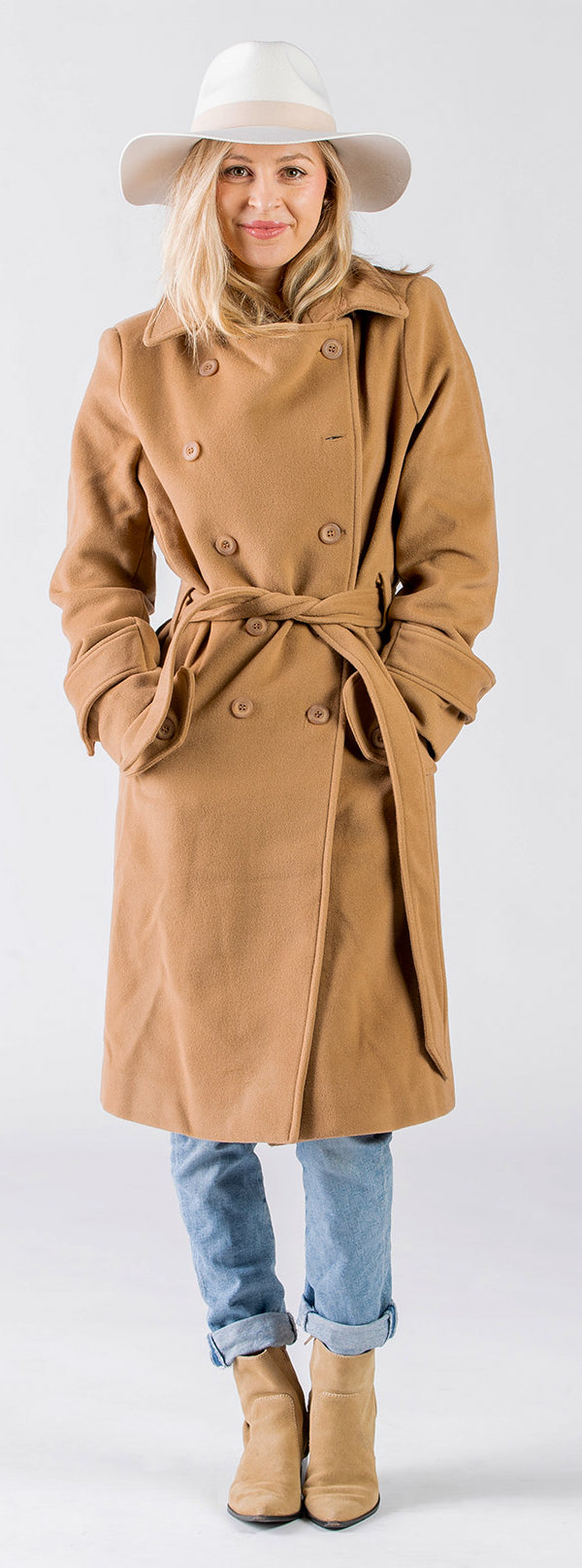 Our model wearing trench coat