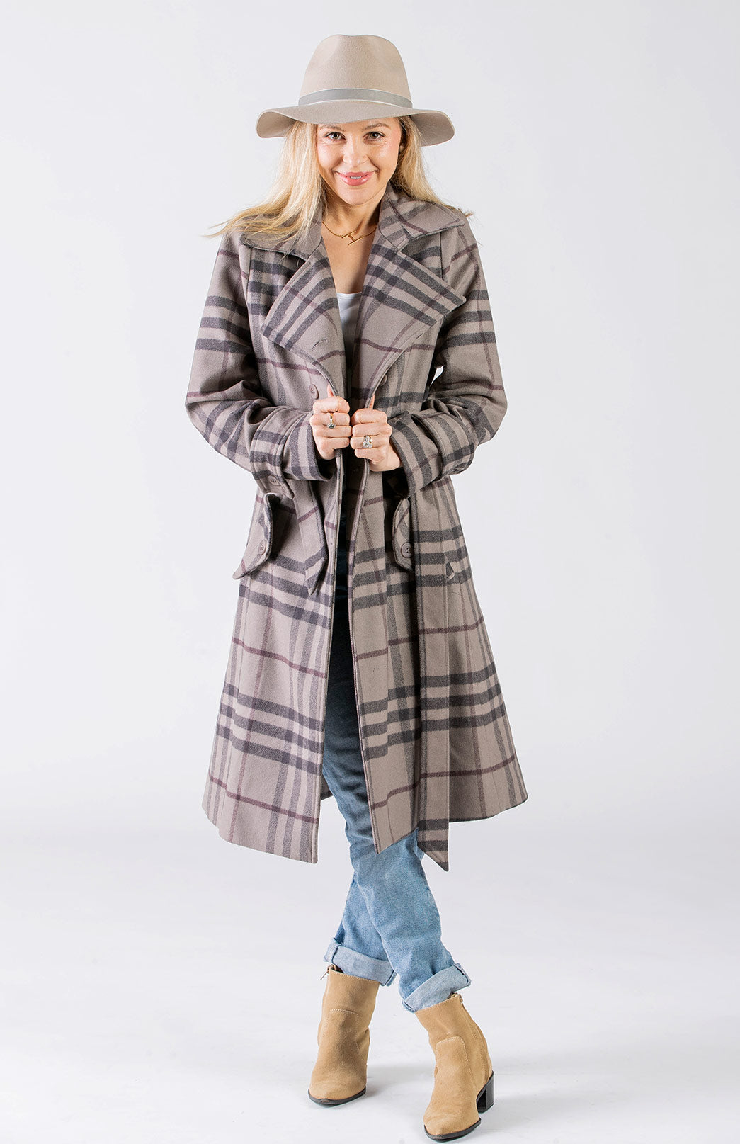 Taupe Check Women's Trench Coat sample