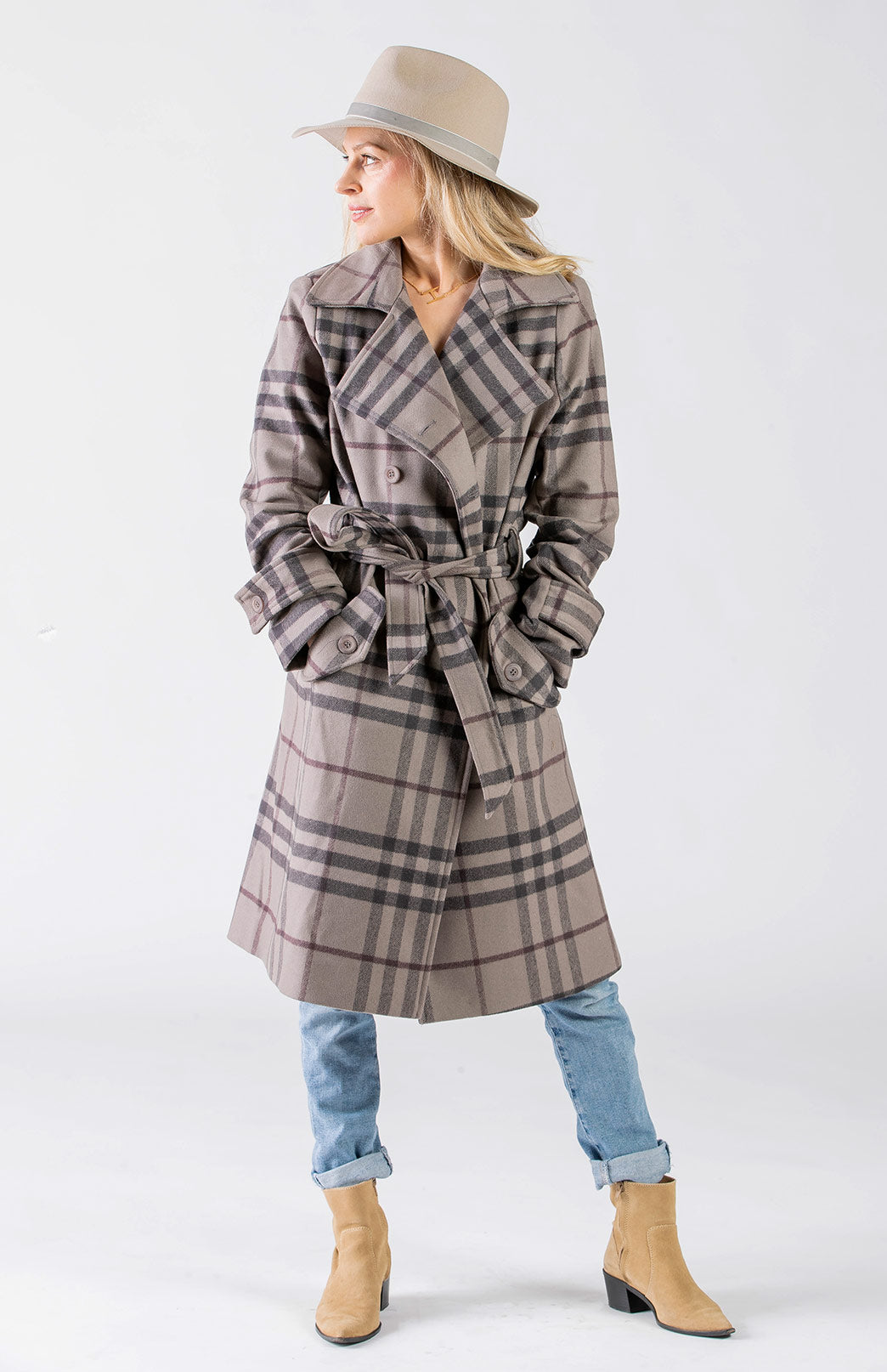 Taupe Check Women's Trench Coat sample