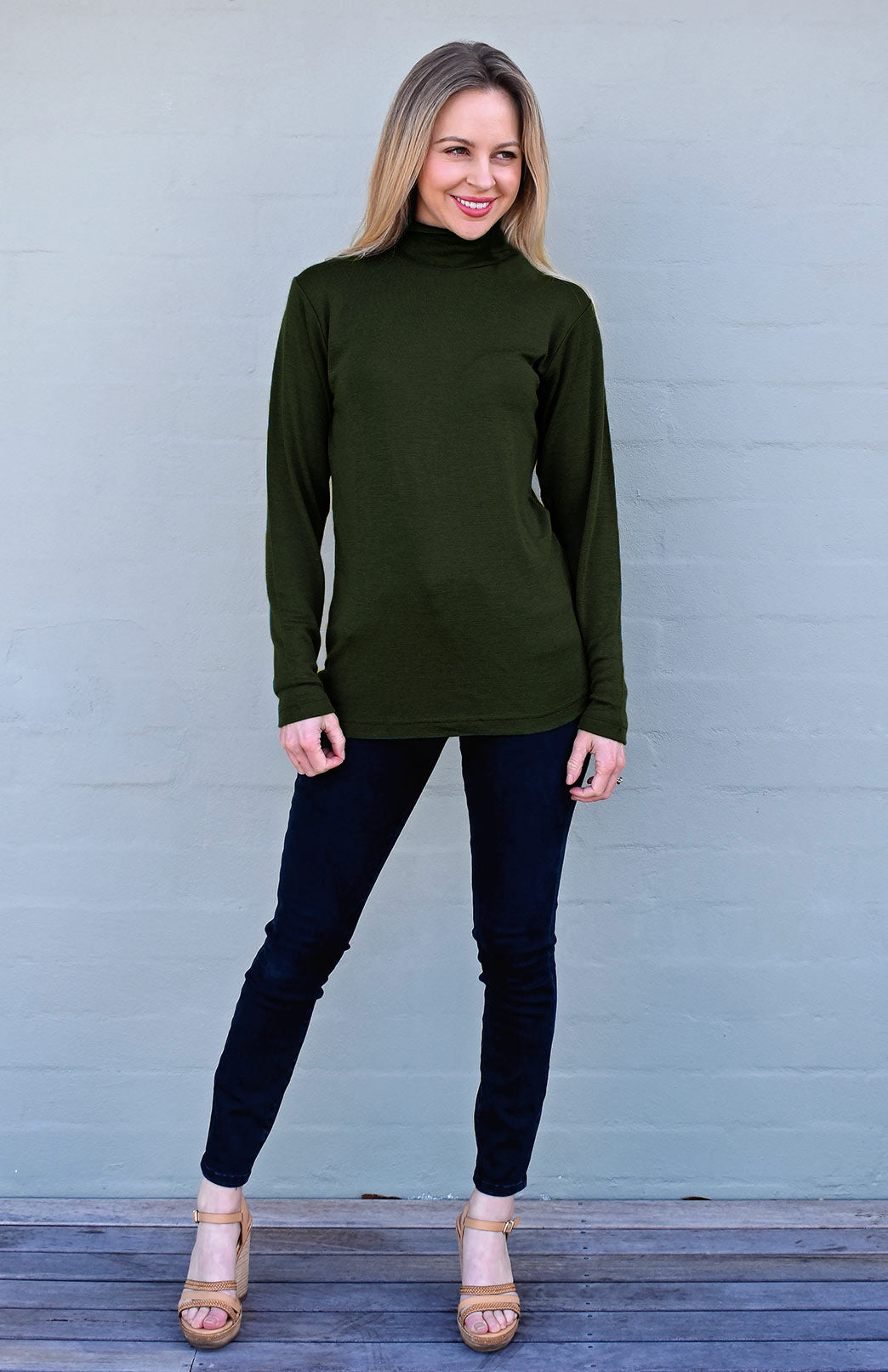 Kale Green Unisex Merino Wool Long Sleeve Turtle Neck Top