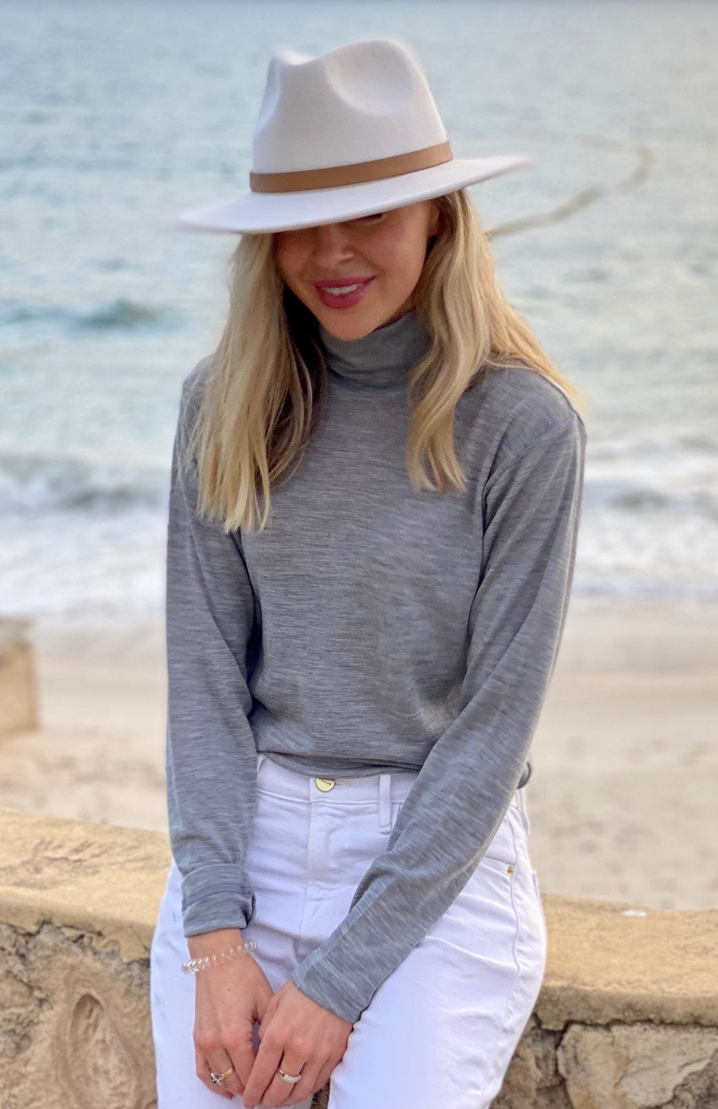 Light Grey Marl Unisex Merino Wool Long Sleeve Turtle Neck Top