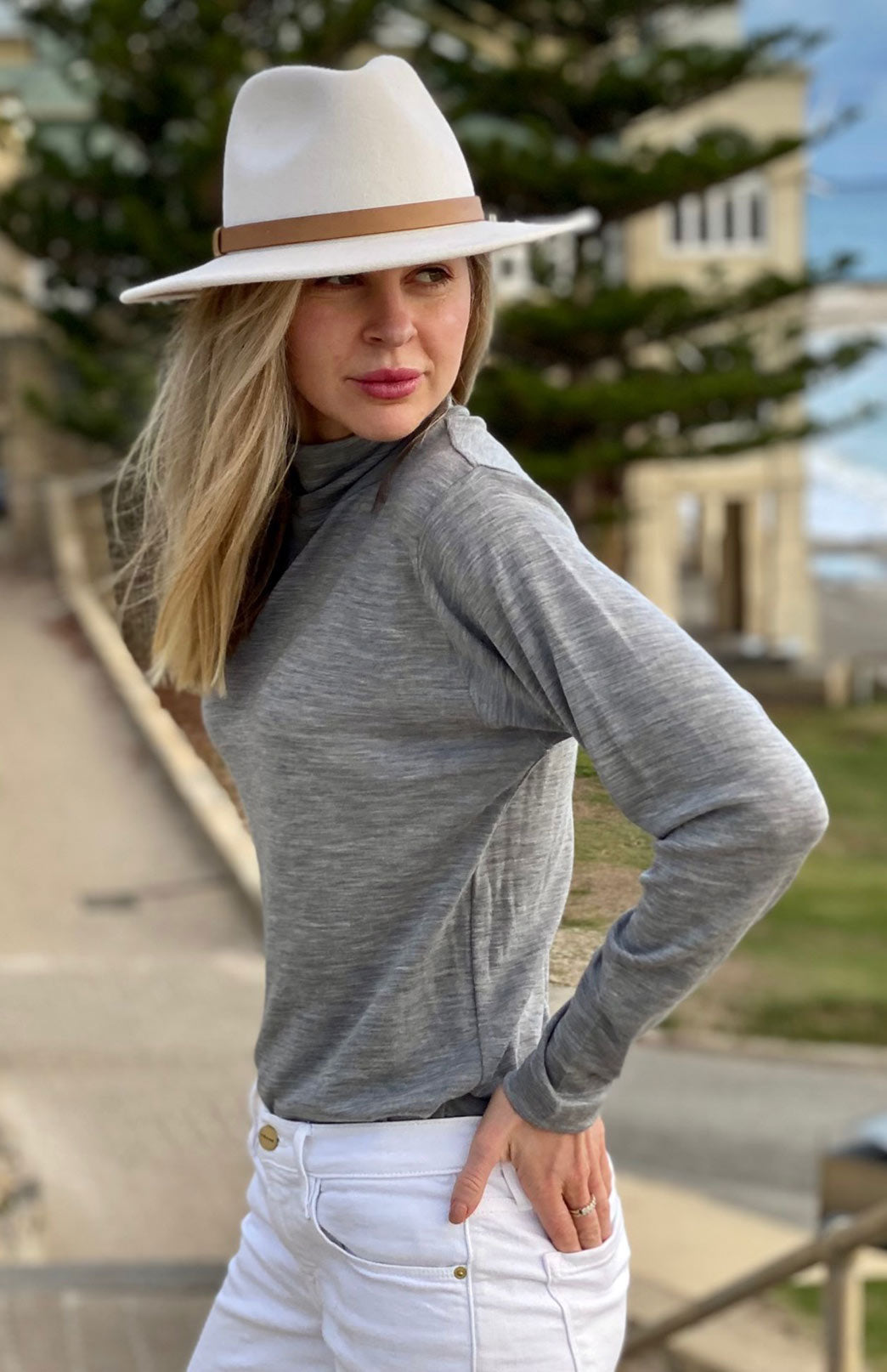 Light Grey Marl Unisex Merino Wool Long Sleeve Turtle Neck Top
