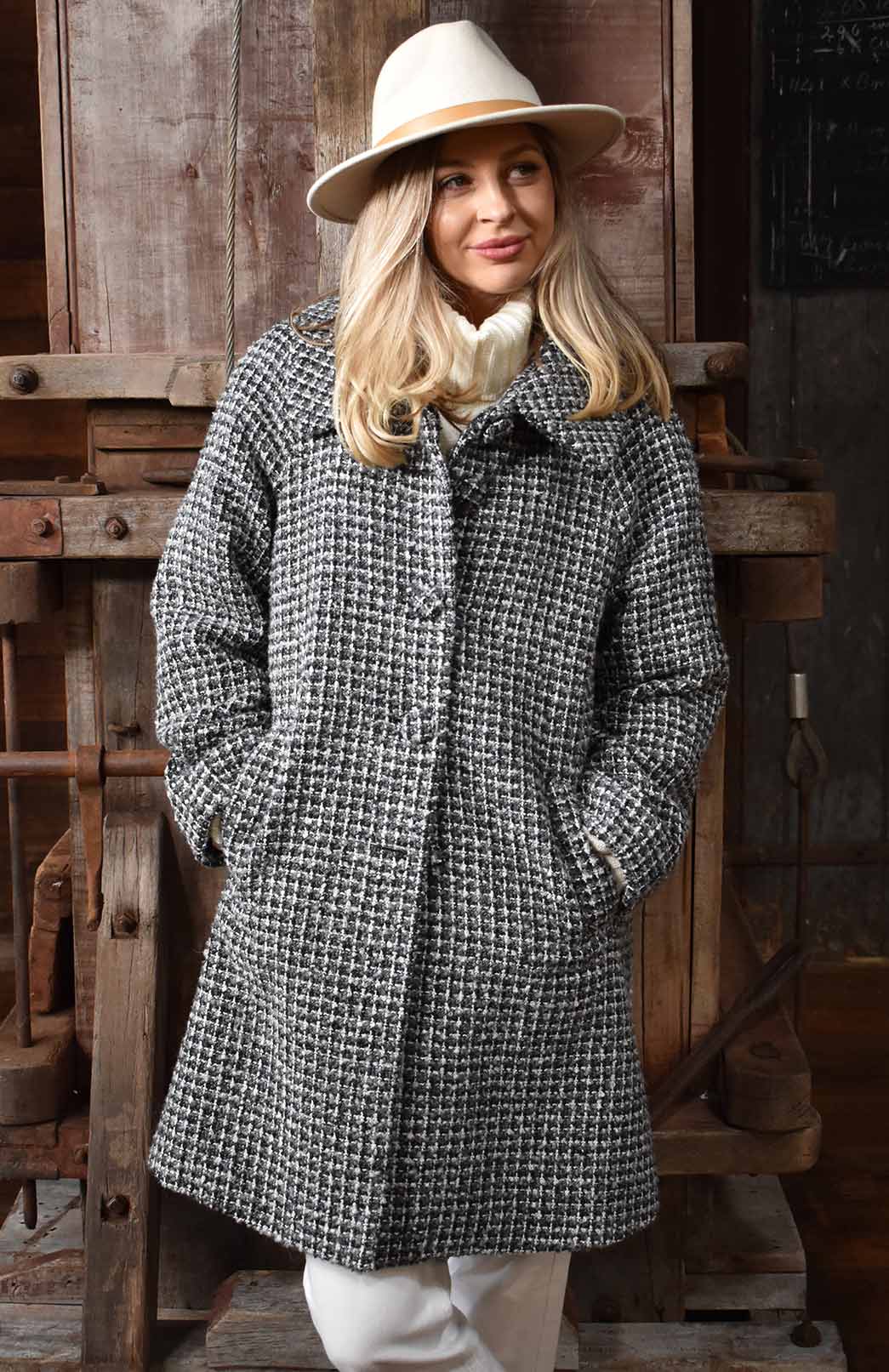 Black White Check Women's Merino Wool and Cashmere Swing Coat with Buttons