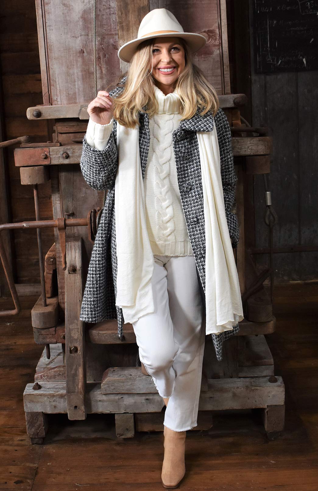 Black White Check Women's Merino Wool and Cashmere Swing Coat with Buttons