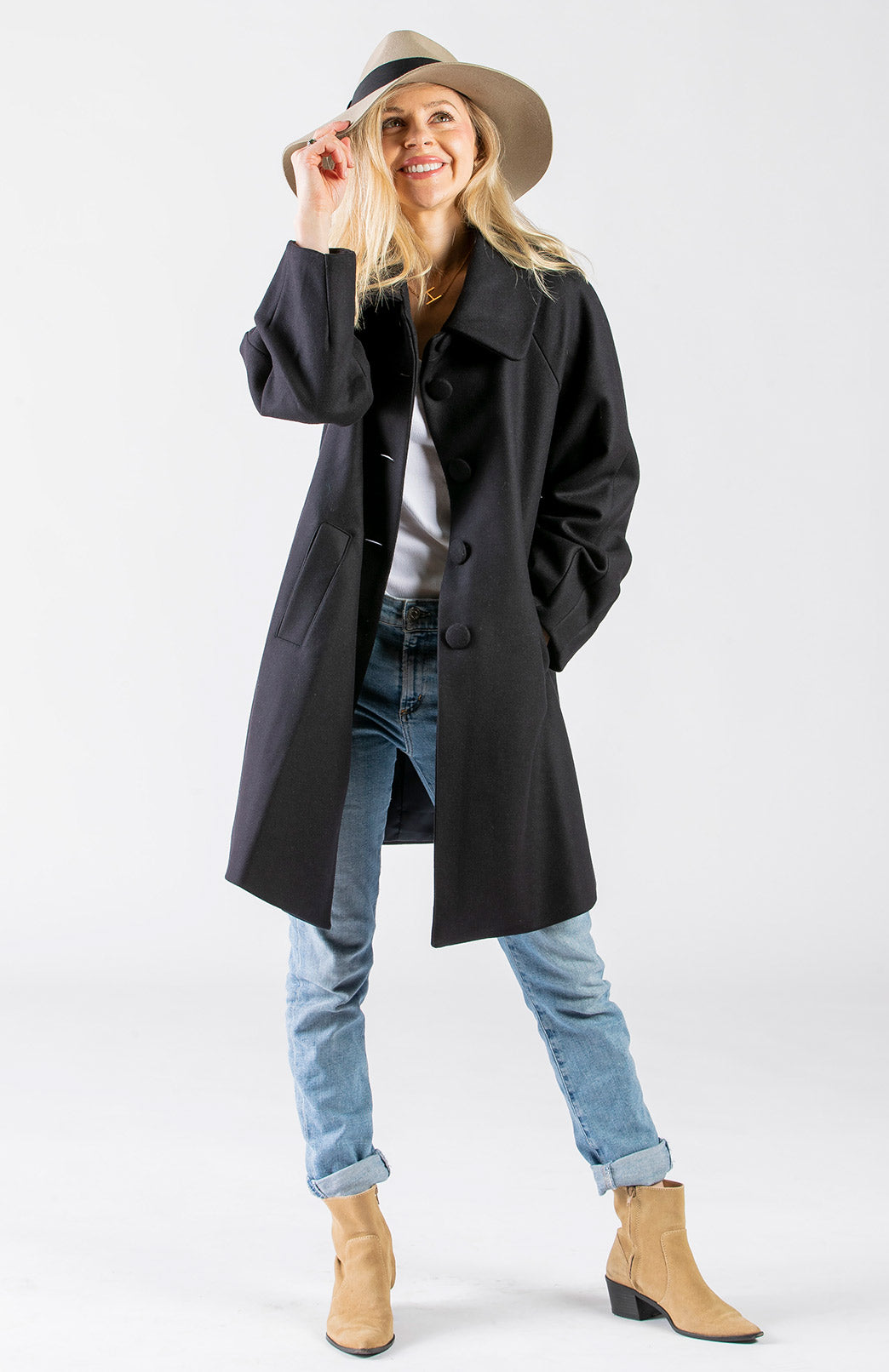 Deepest Navy Women's Merino Wool and Cashmere Swing Coat with Buttons
