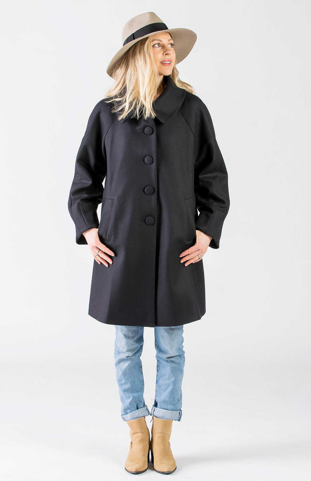 Deepest Navy Women's Merino Wool and Cashmere Swing Coat with Buttons