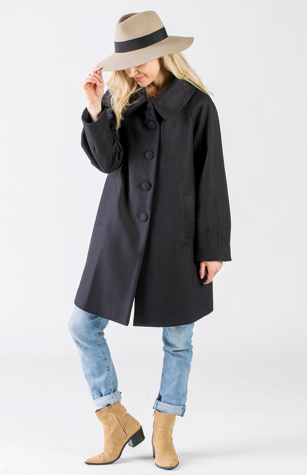 Deepest Navy Women's Merino Wool and Cashmere Swing Coat with Buttons