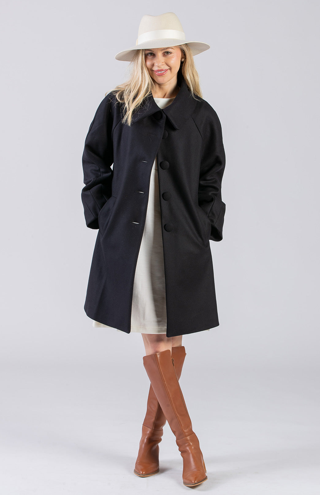 Deepest Navy Women&#39;s Merino Wool and Cashmere Swing Coat with Buttons
