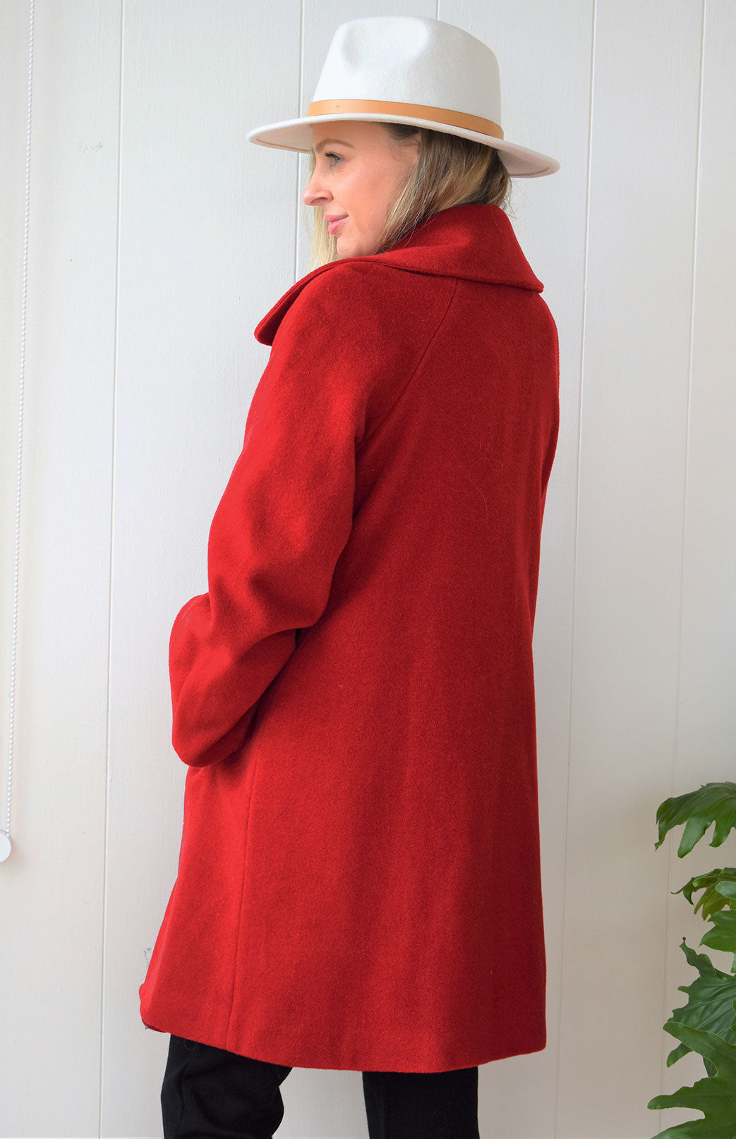 Red Women's Merino Wool and Cashmere Swing Coat with Buttons