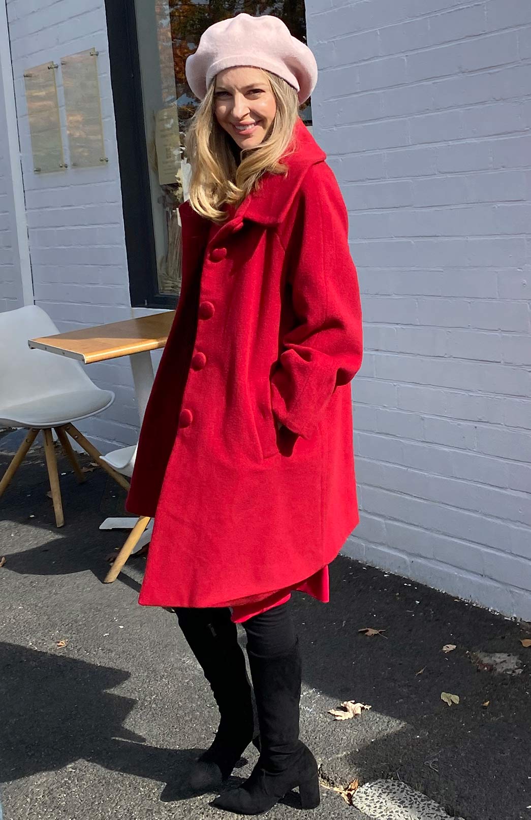 Red Women's Merino Wool and Cashmere Swing Coat with Buttons
