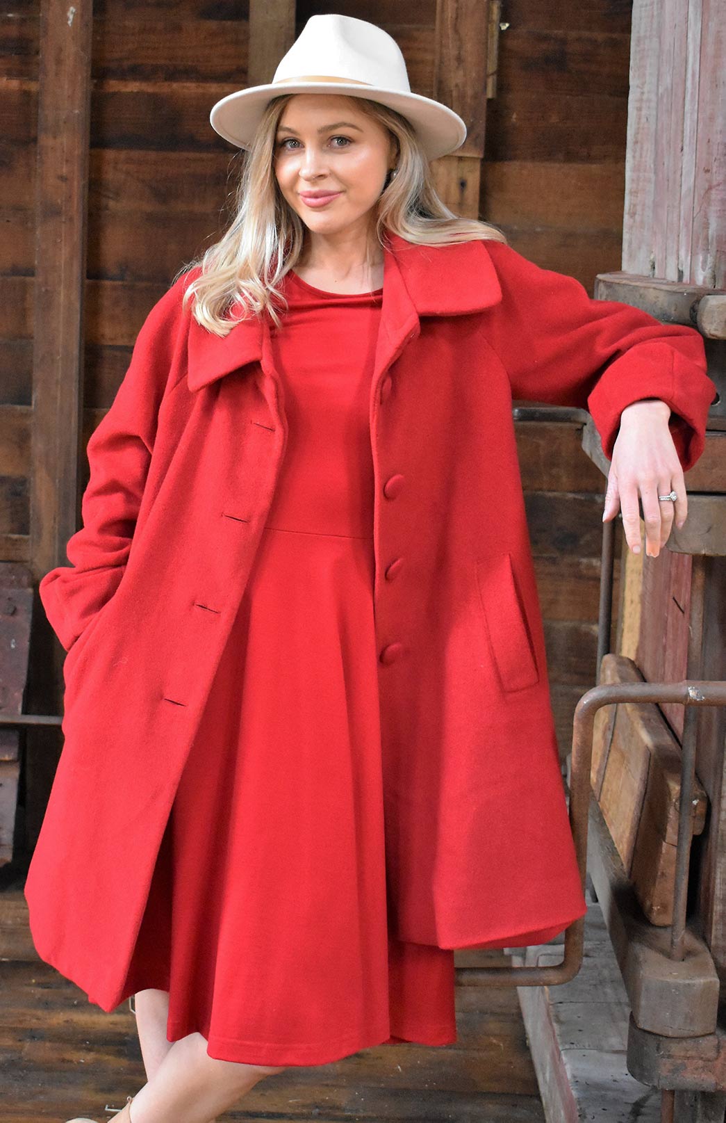 Red Women's Merino Wool and Cashmere Swing Coat with Buttons