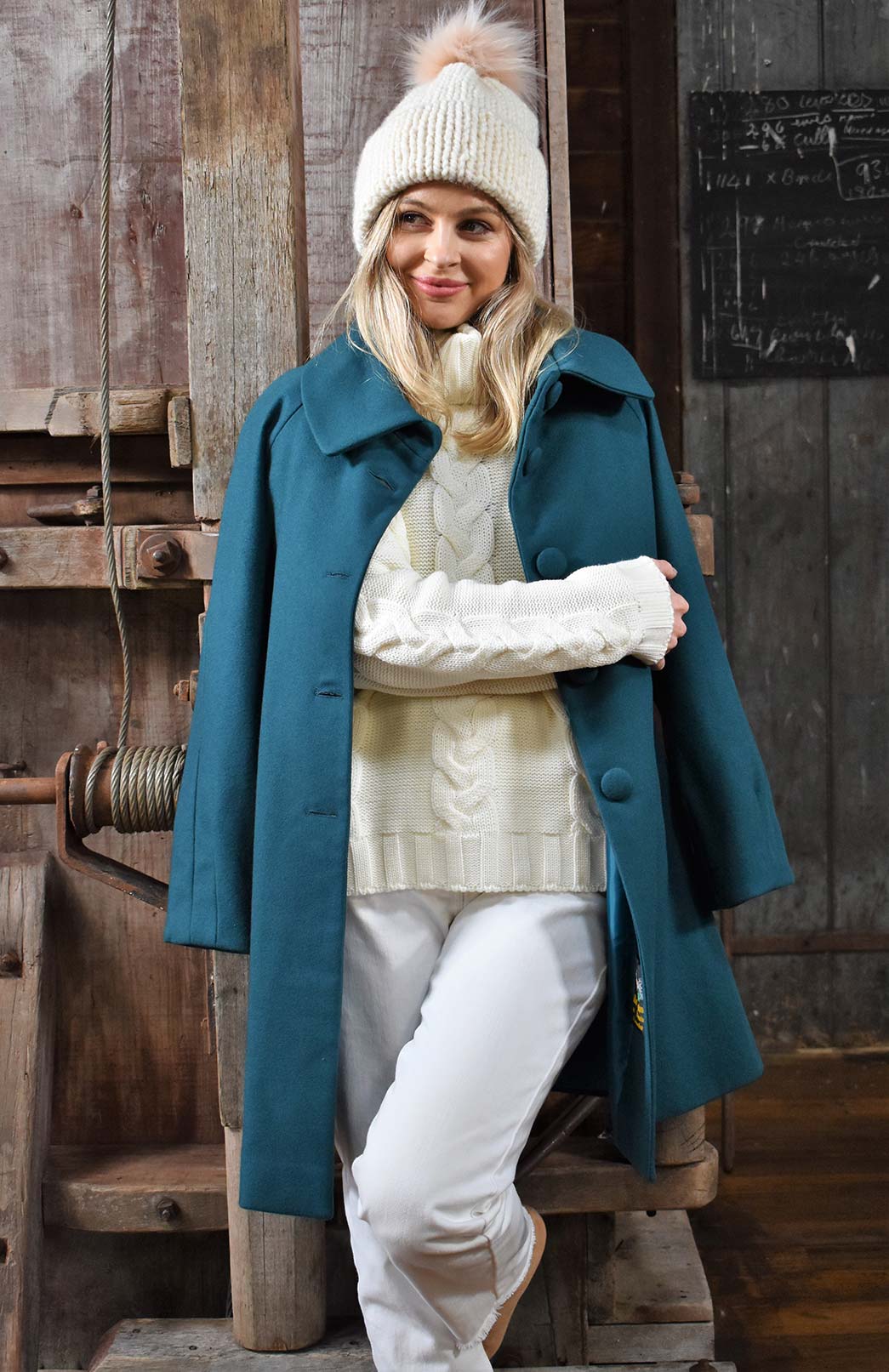 Teal Green Women's Merino Wool and Cashmere Swing Coat with Buttons