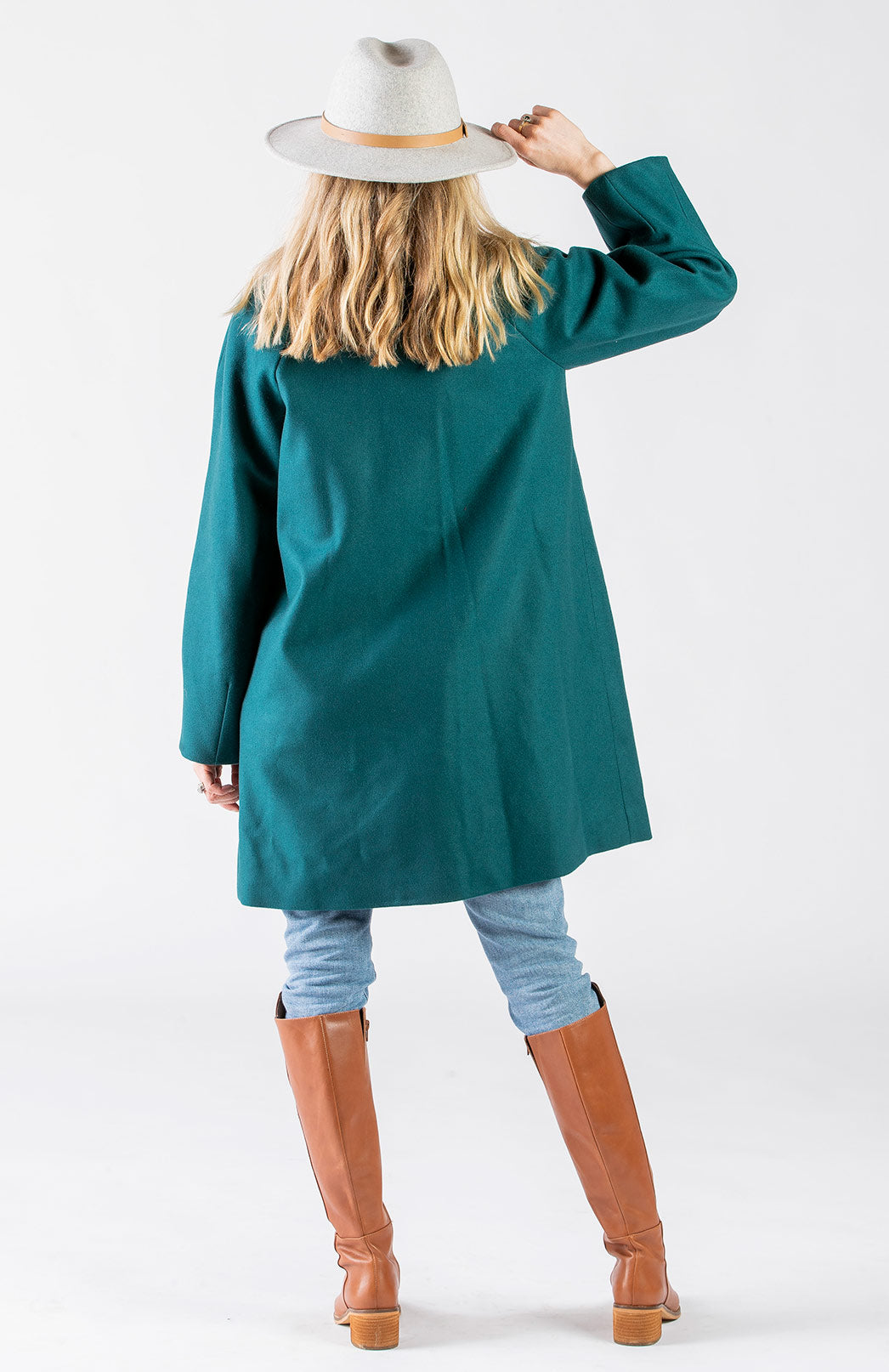 Teal Green Women's Merino Wool and Cashmere Swing Coat with Buttons