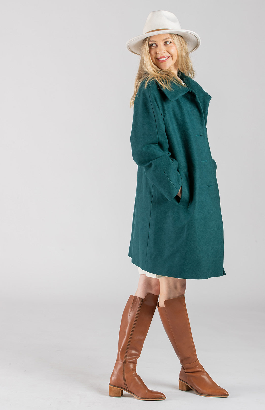 Teal Green Women's Merino Wool and Cashmere Swing Coat with Buttons