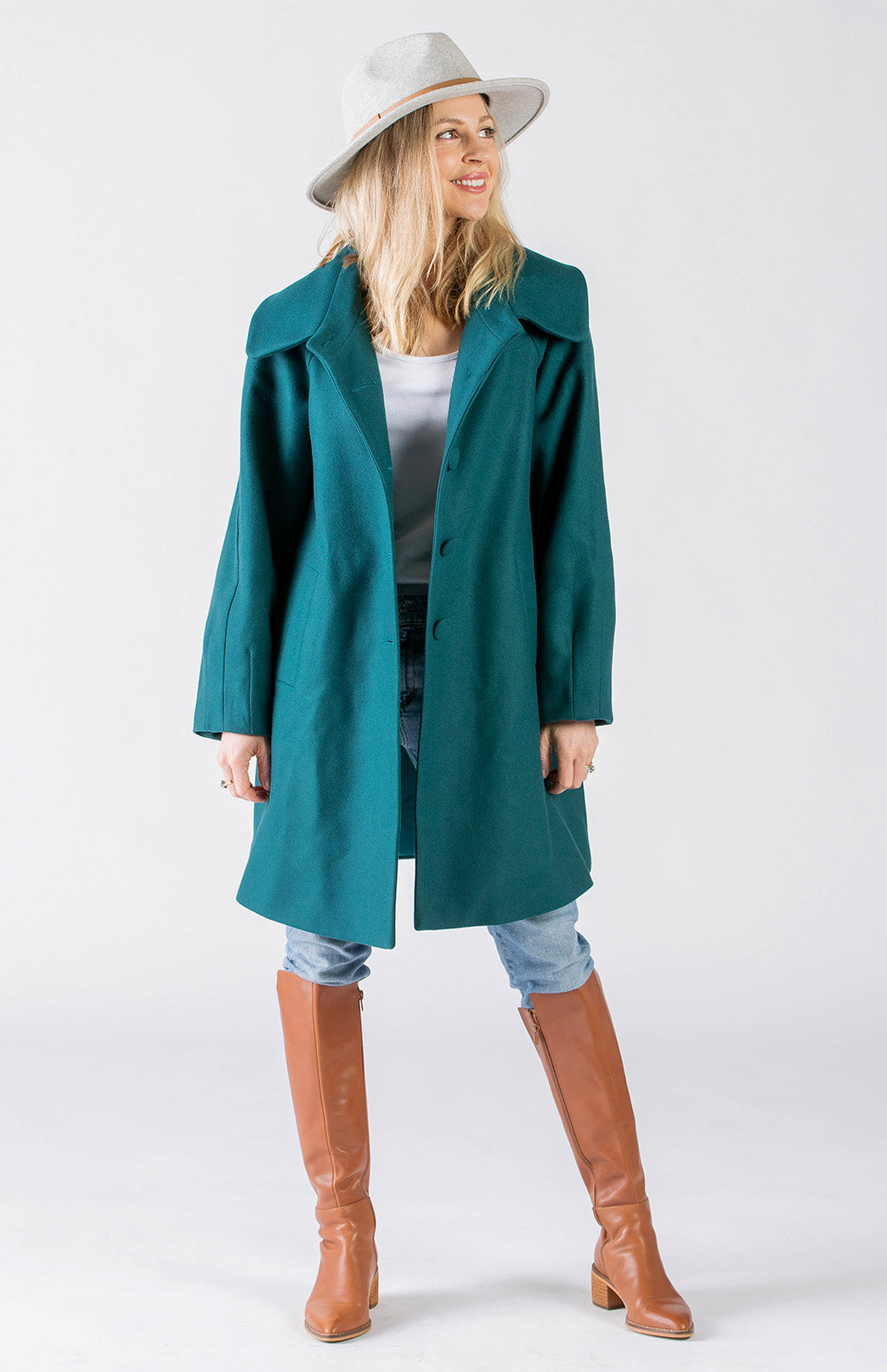 Teal Green Women's Merino Wool and Cashmere Swing Coat with Buttons