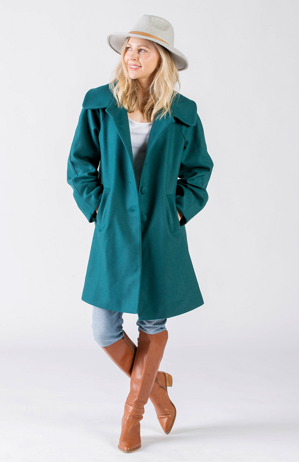 Teal Green Women's Merino Wool and Cashmere Swing Coat with Buttons